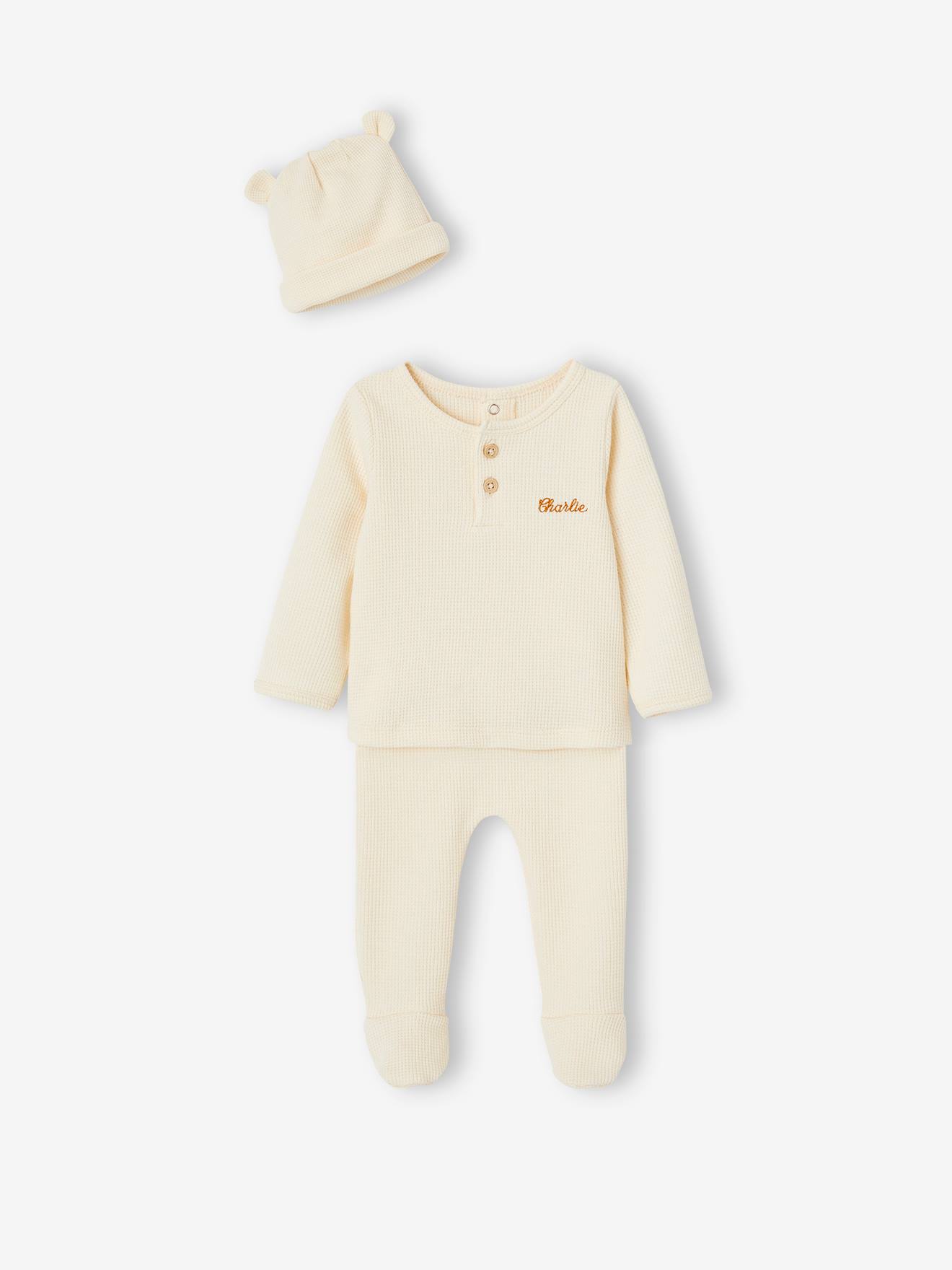 Ensemble naissance 3 pièces tee-shirt personnalisable legging bonnet écru (Vertbaudet) - Image 1