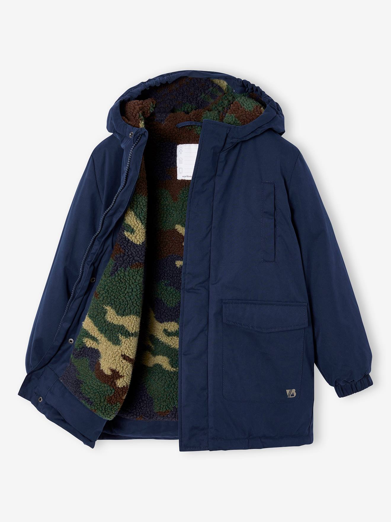 Parka à capuche doublée sherpa camouflage garçon bleu nuit