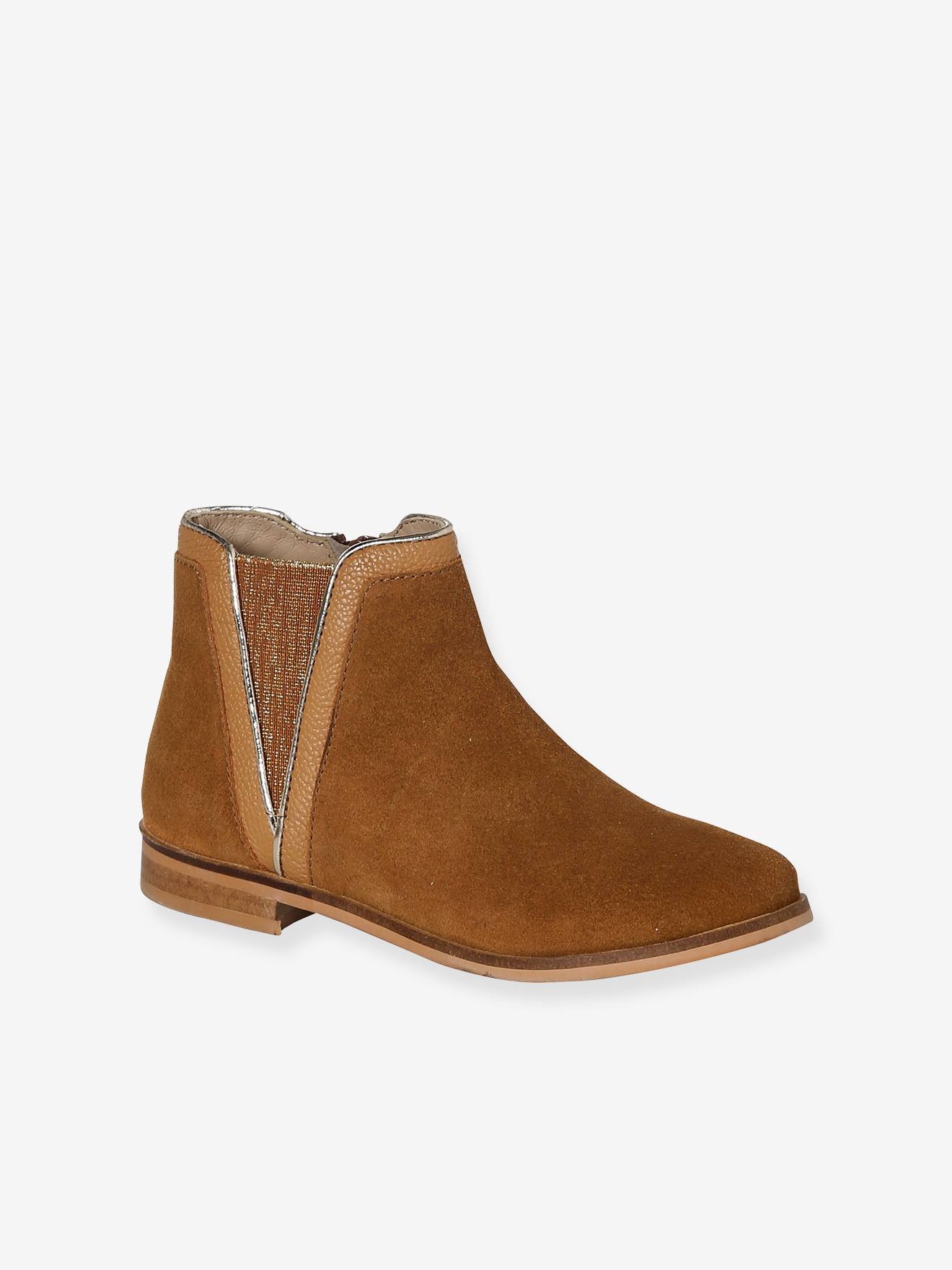 Boots cuir fille zippées et élastiquées camel