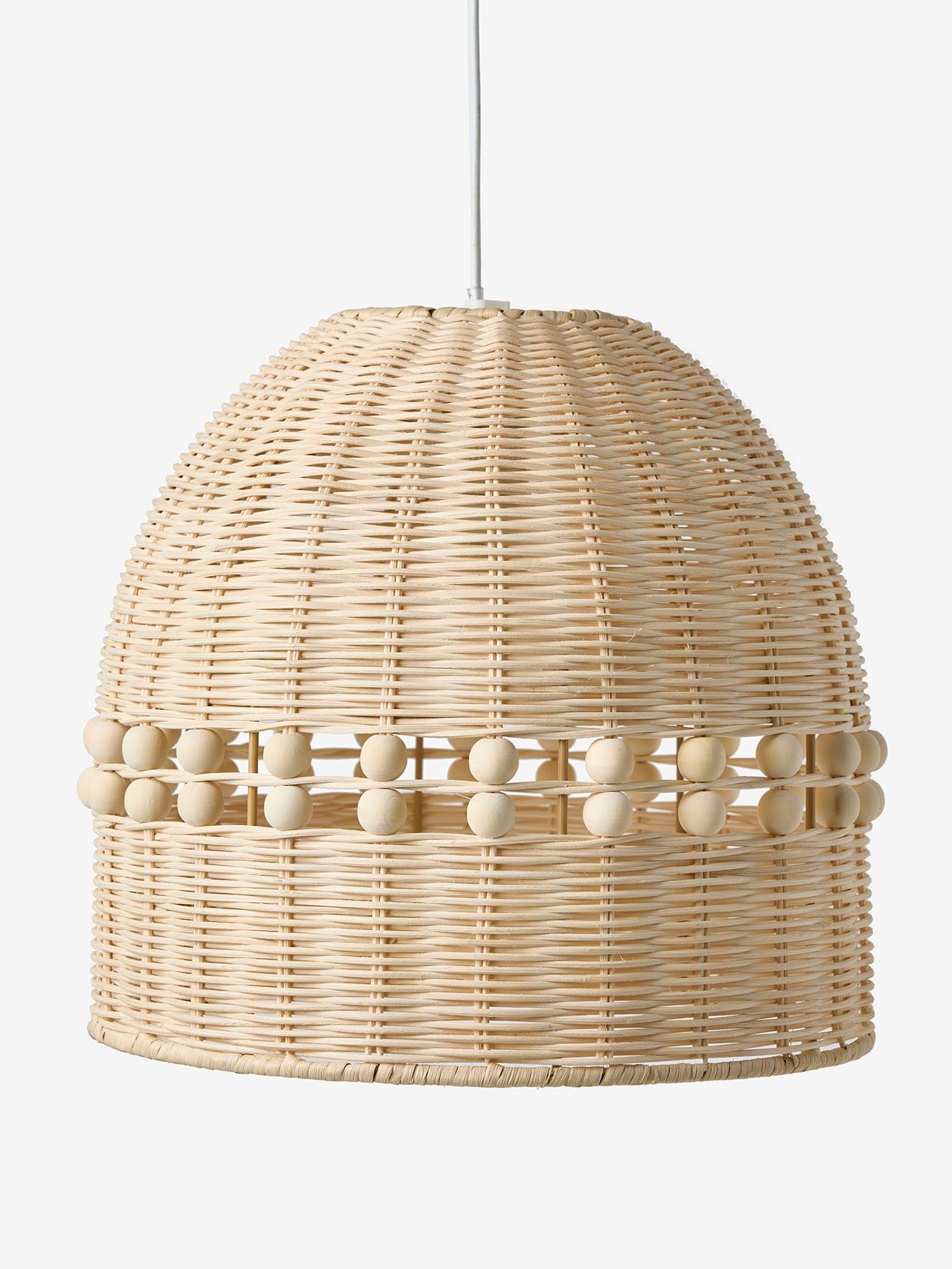 Abat-jour rotin avec boules en bois beige doré