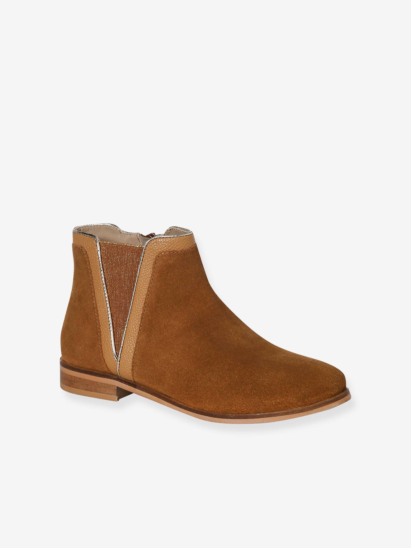 Boots cuir fille zippées et élastiquées camel
