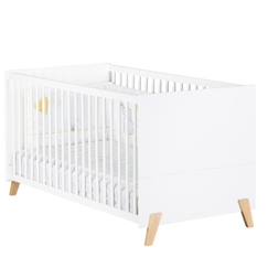 -Lit évolutif - 140x70cm - Babyprice Joy Naturel - Blanc sur pieds en bois naturel