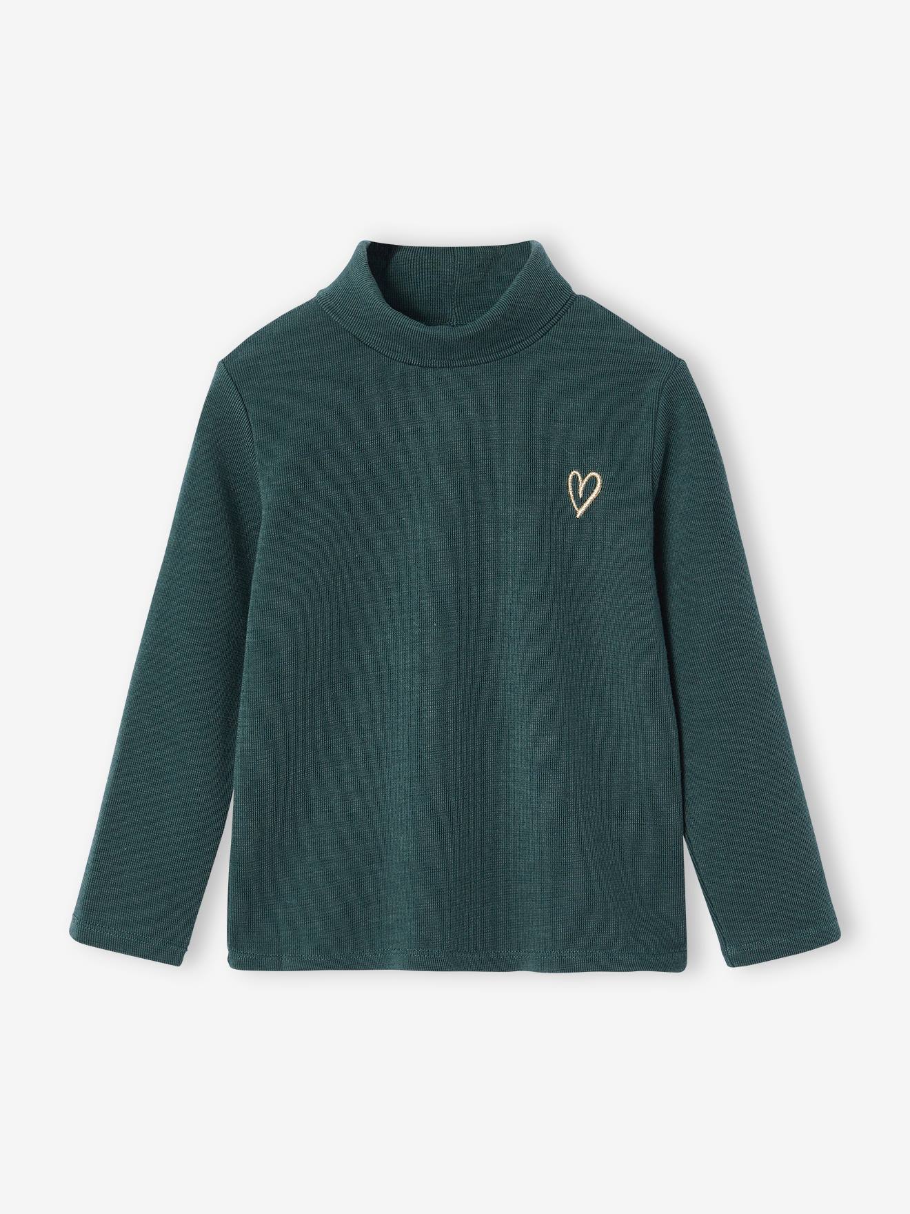 T-shirt col roulé maille fantaisie fille vert émeraude