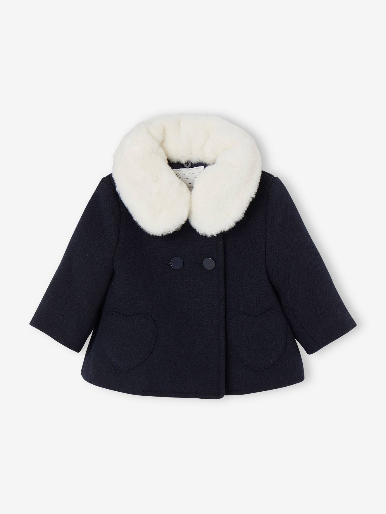 Manteau bébé fille en drap de laine col en fausse fourrure amovible marine