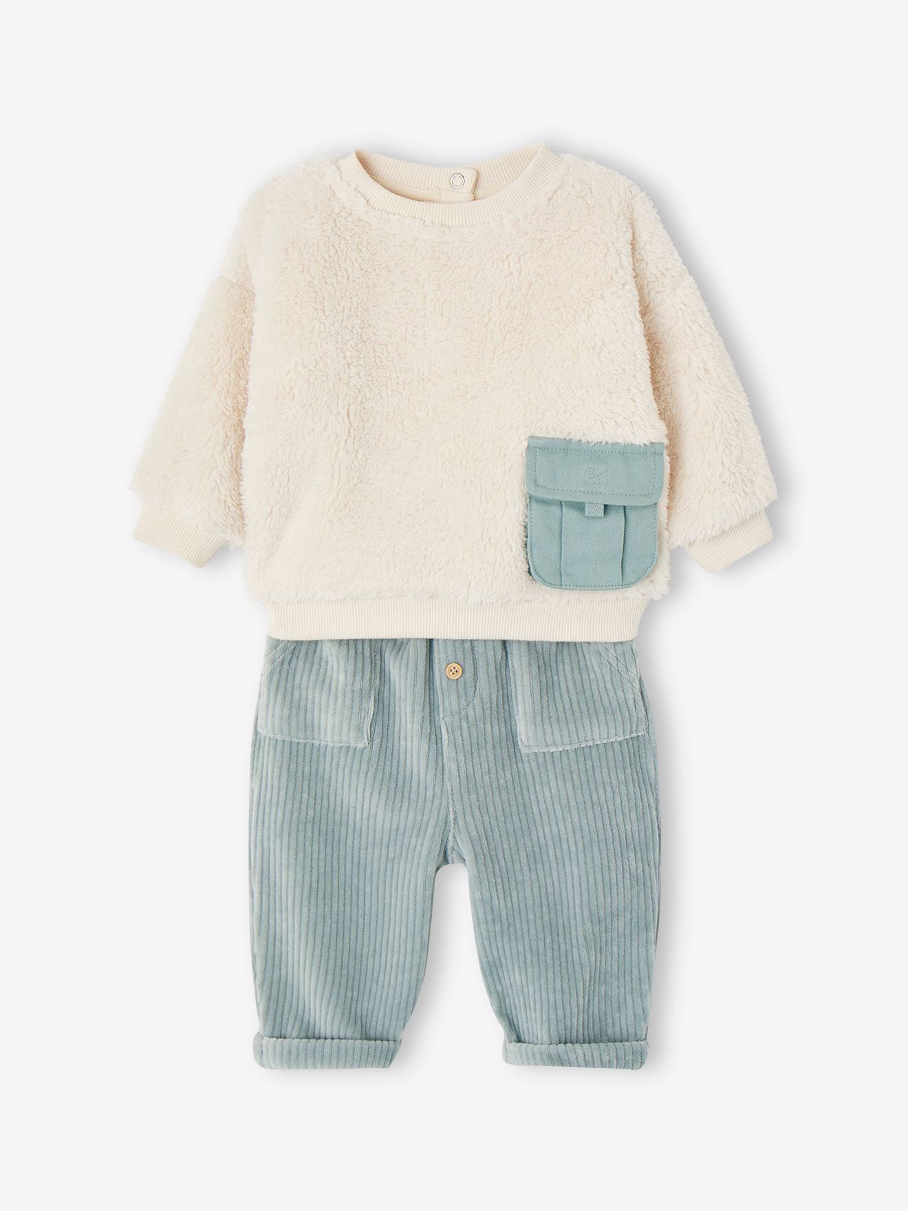 Ensemble bébé sweat peluche + pantalon velours vert d'eau