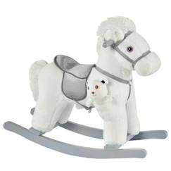 Jouet-Cheval à bascule - effets sonores, peluche ourson inclus - poignées structure bois peuplier gris peluche courte douce blanc