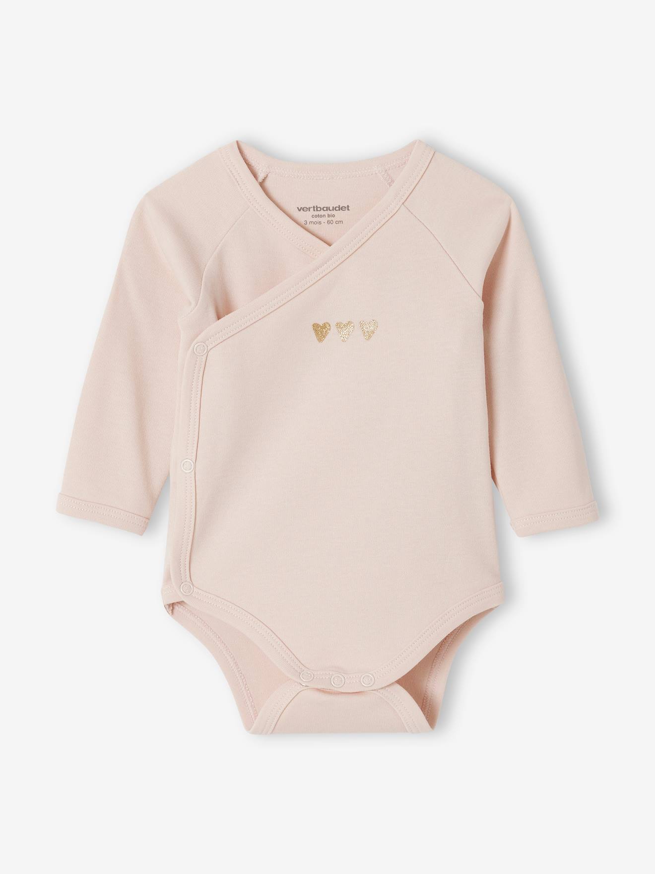Lot 5 bodies "coeur" manches longues ouverture naissance bébé en coton bio rose pâle (Vertbaudet) - Image 1