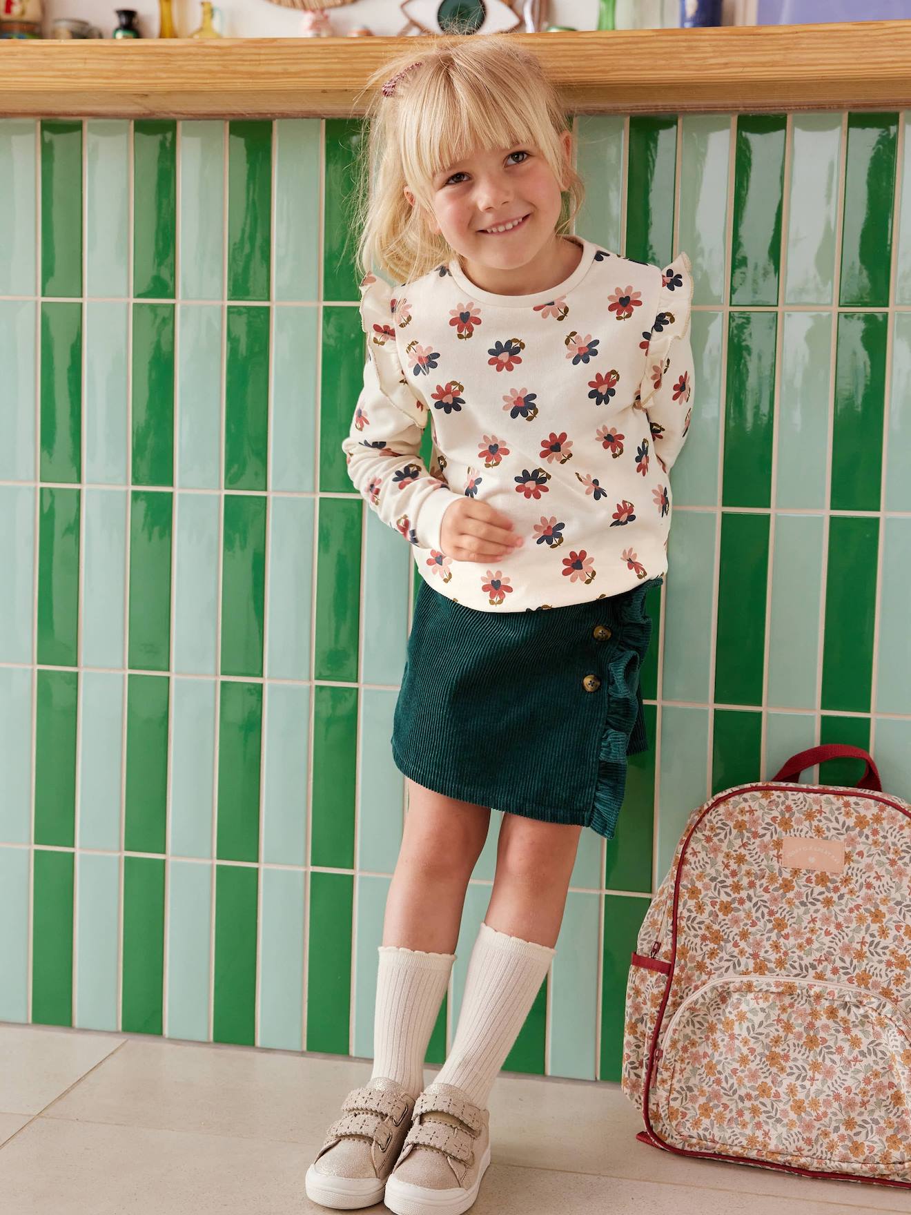 Vertbaudet - Jupe-short en velours côtelé fille effet portefeuille vert anglais