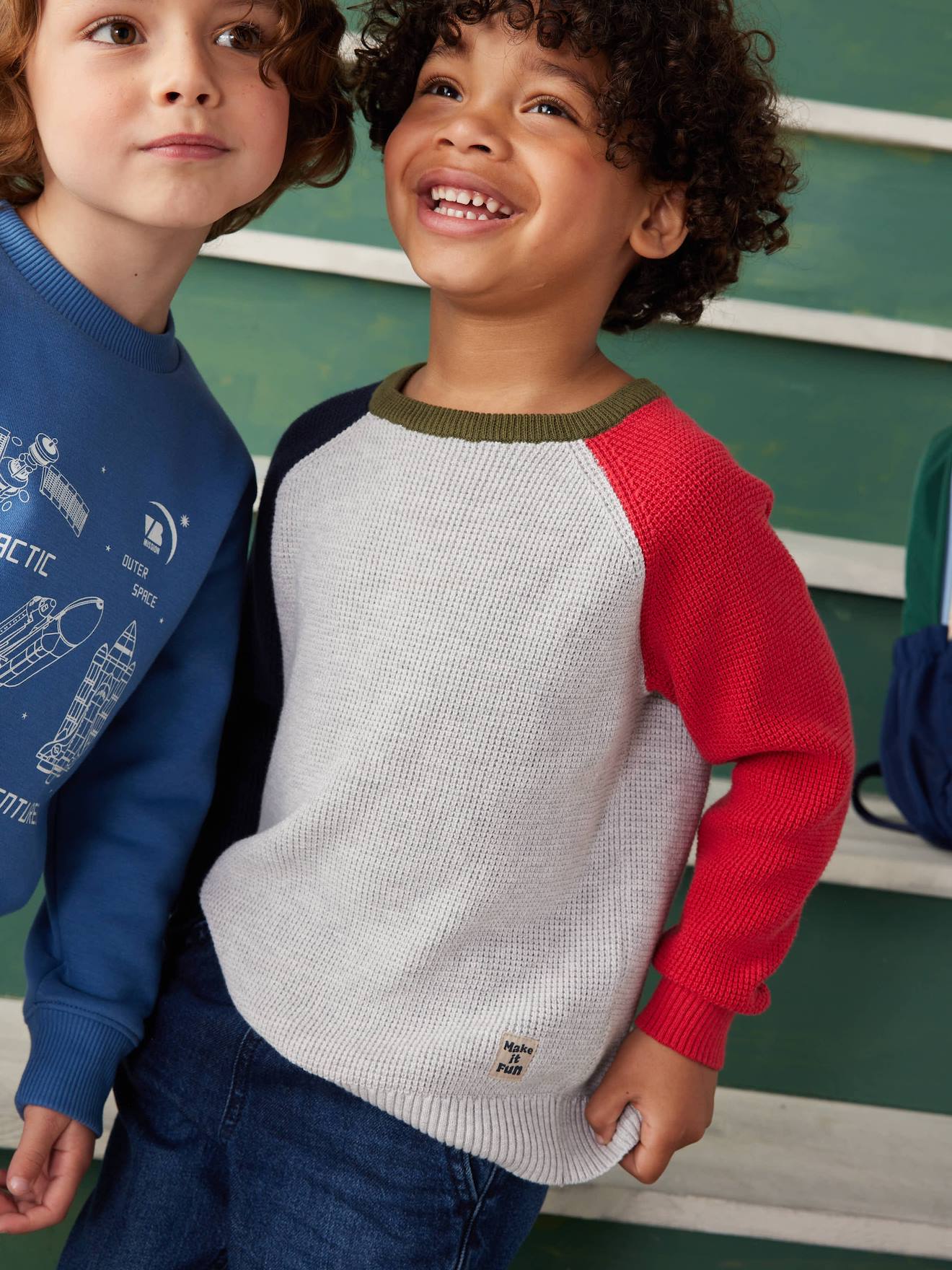 Pull colorblock pop garçon gris chiné
