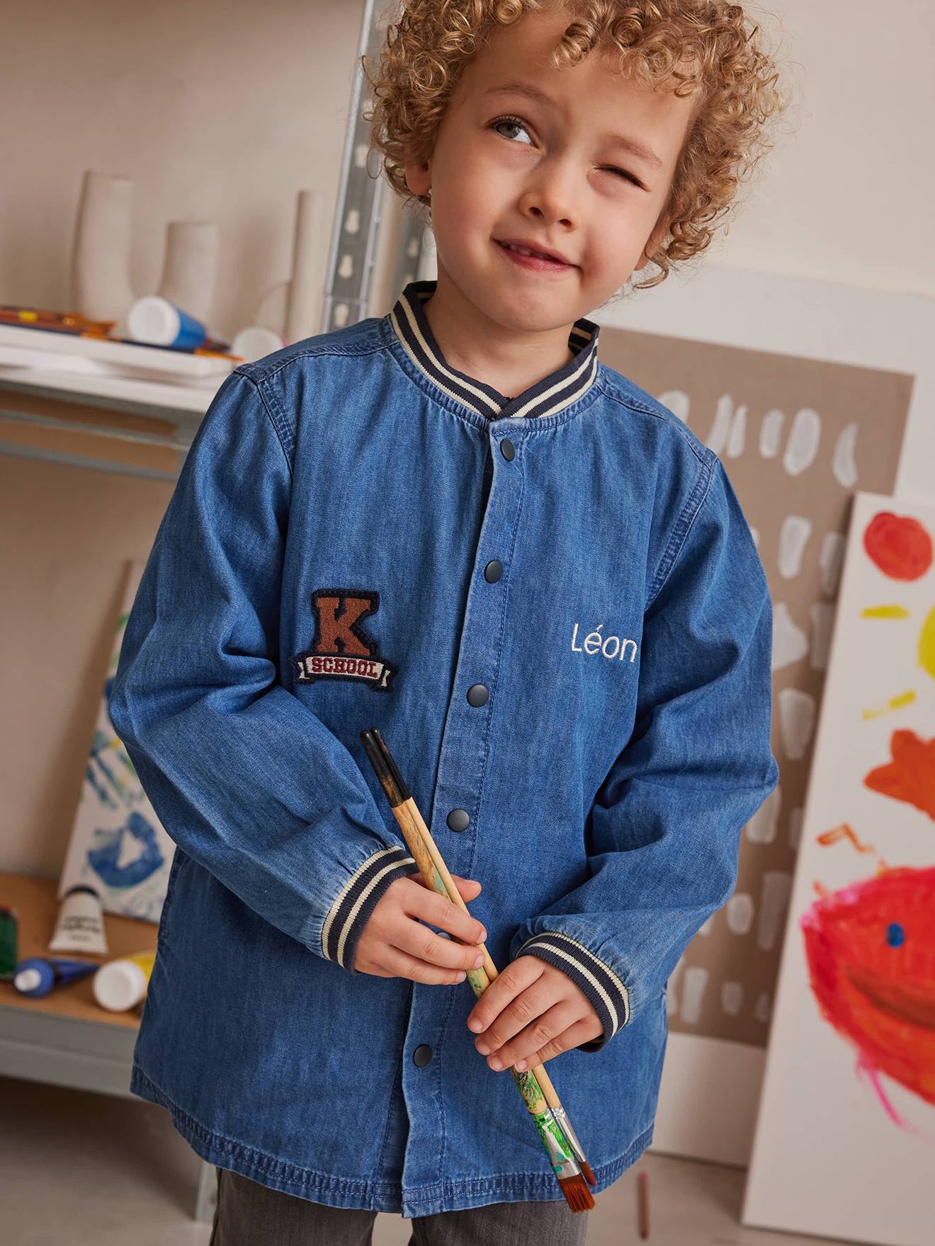 Tablier collège en denim léger personnalisable garçon stone