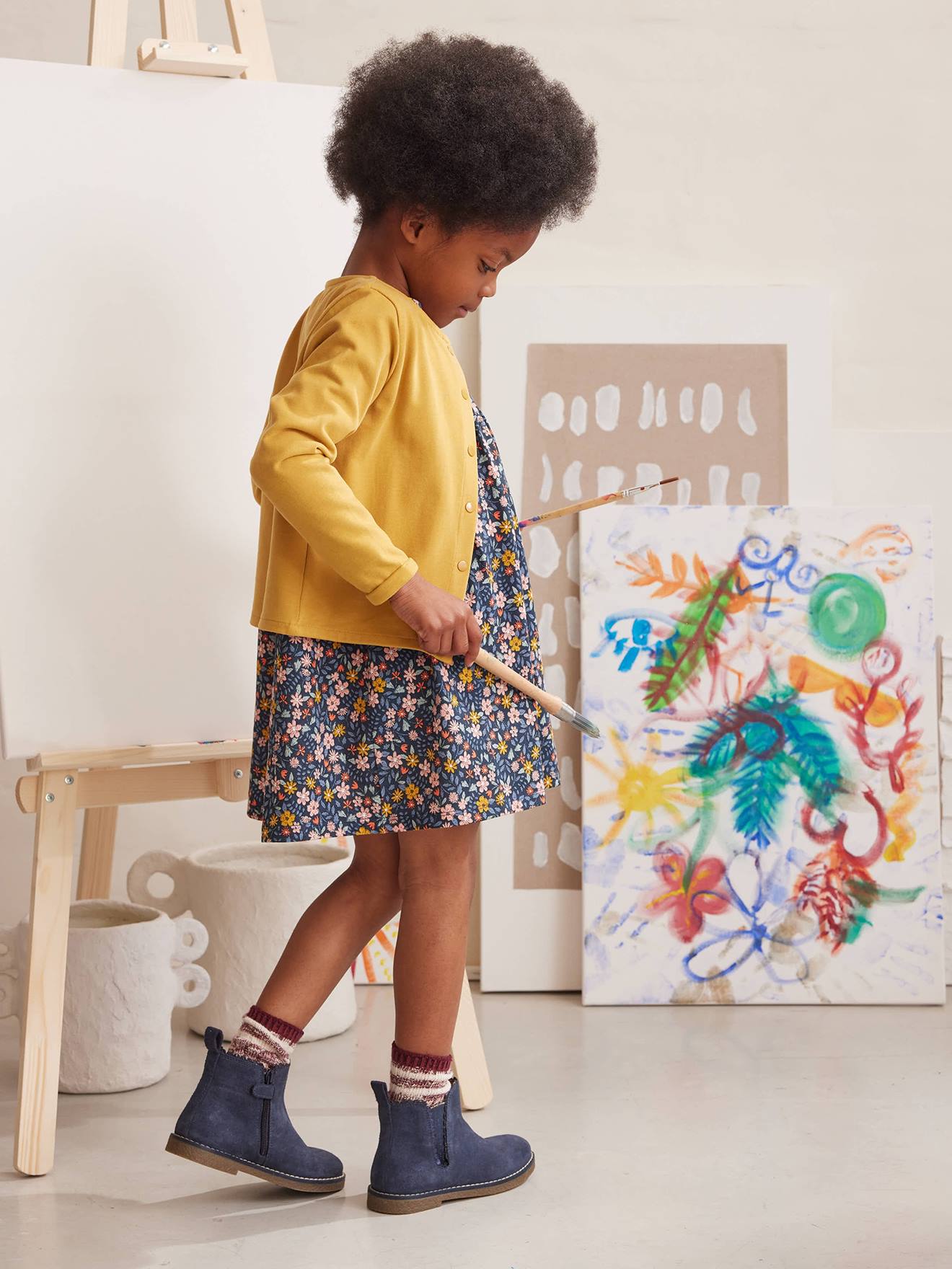Ensemble fille cardigan et robe imprimée fleurs moutarde