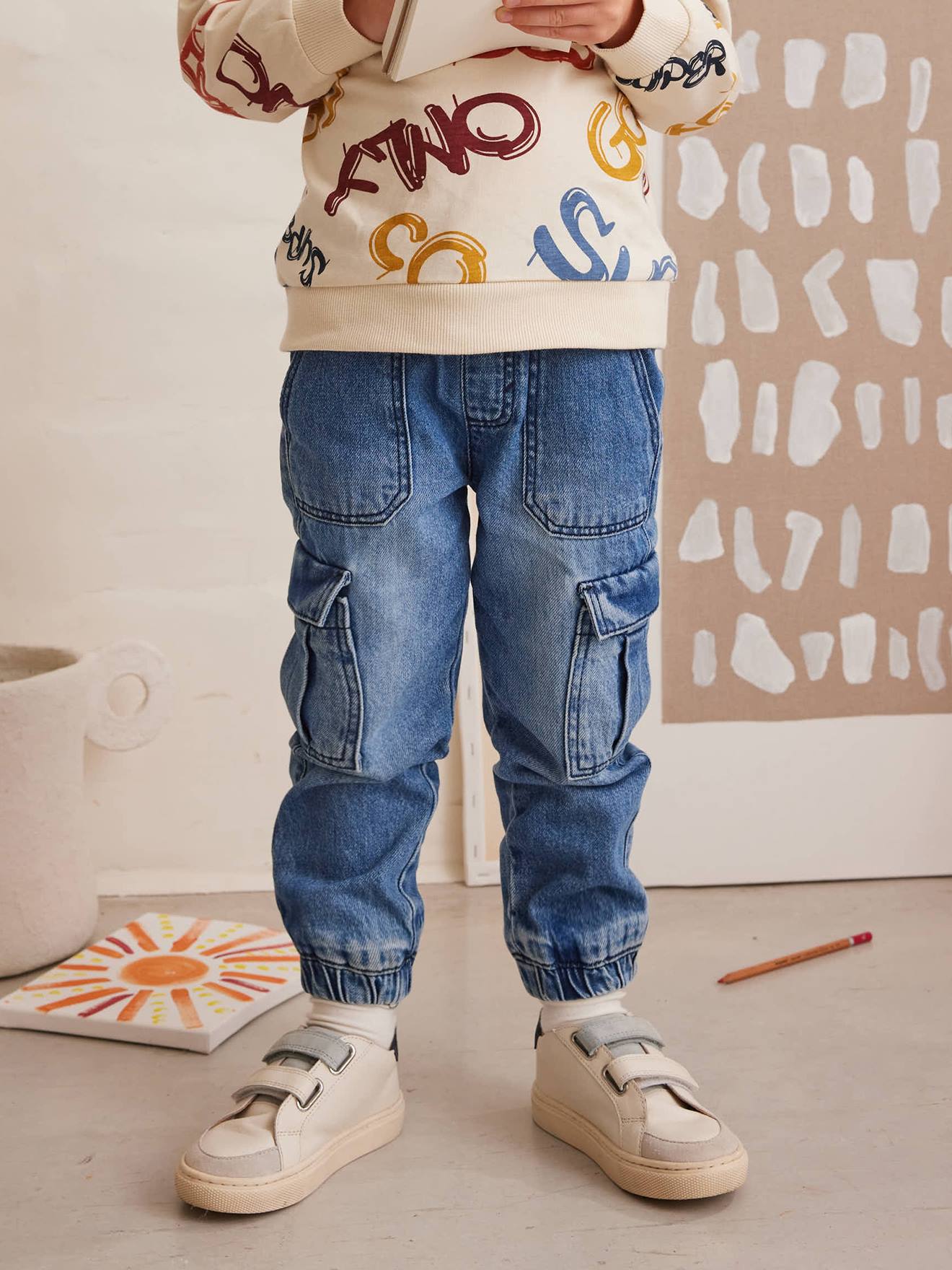 Pantalon battle denim garçon facile à enfiler stone