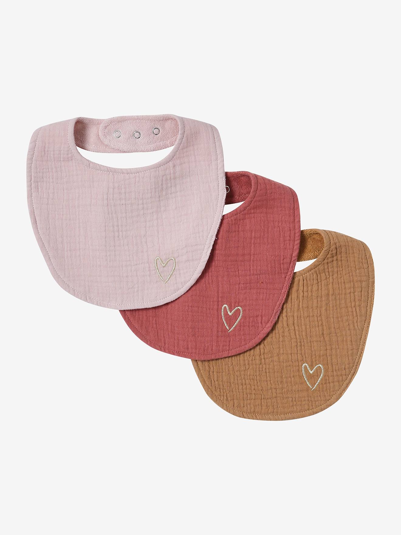 Lot de 3 bavoirs naissance en gaze de coton lot rose