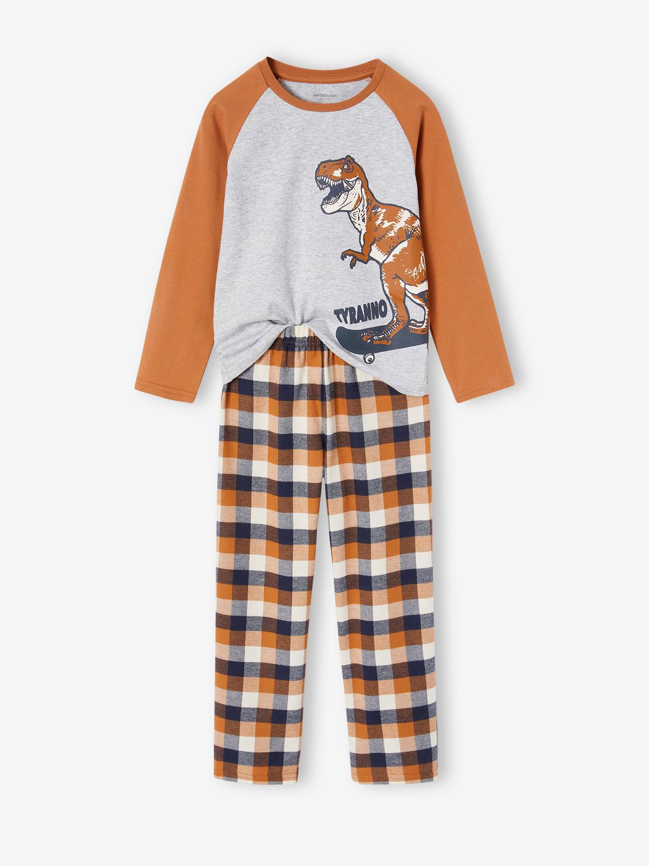 Pyjama dino flanelle carreaux garçon caramel