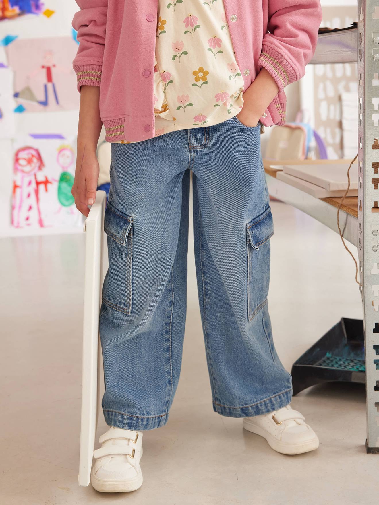 Jean large cargo fille bleu moyen