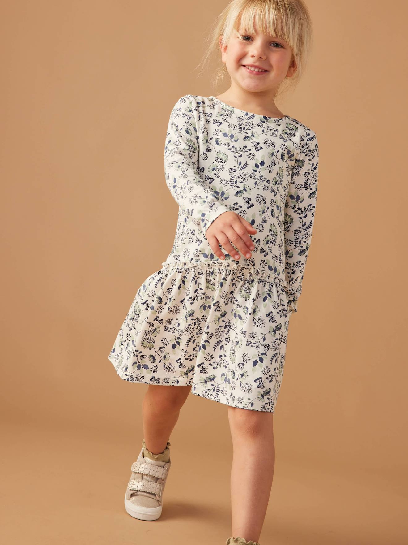 Robe imprimée fille manches longues écru