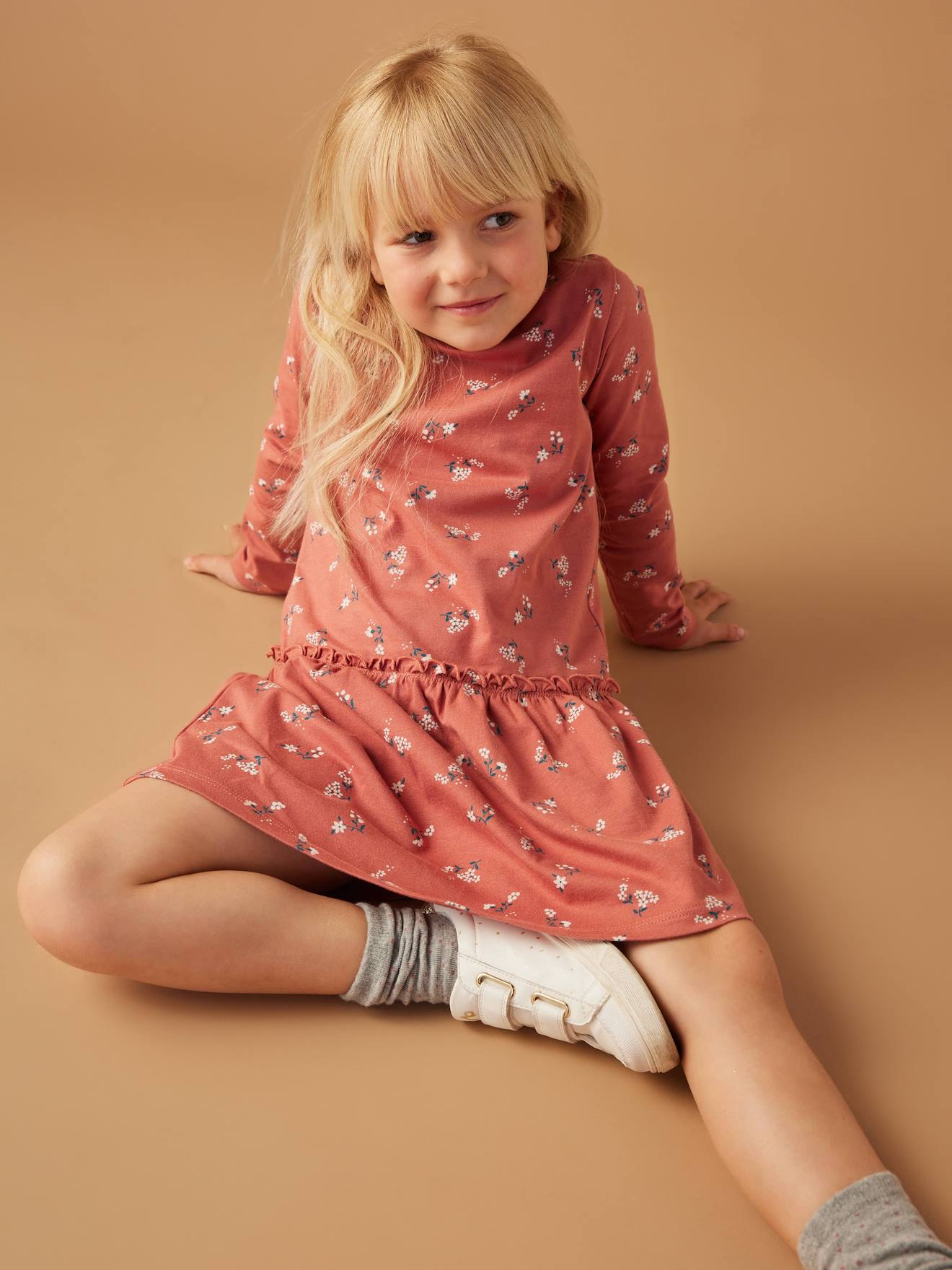 Robe Basics imprimée fille manches longues vieux rose