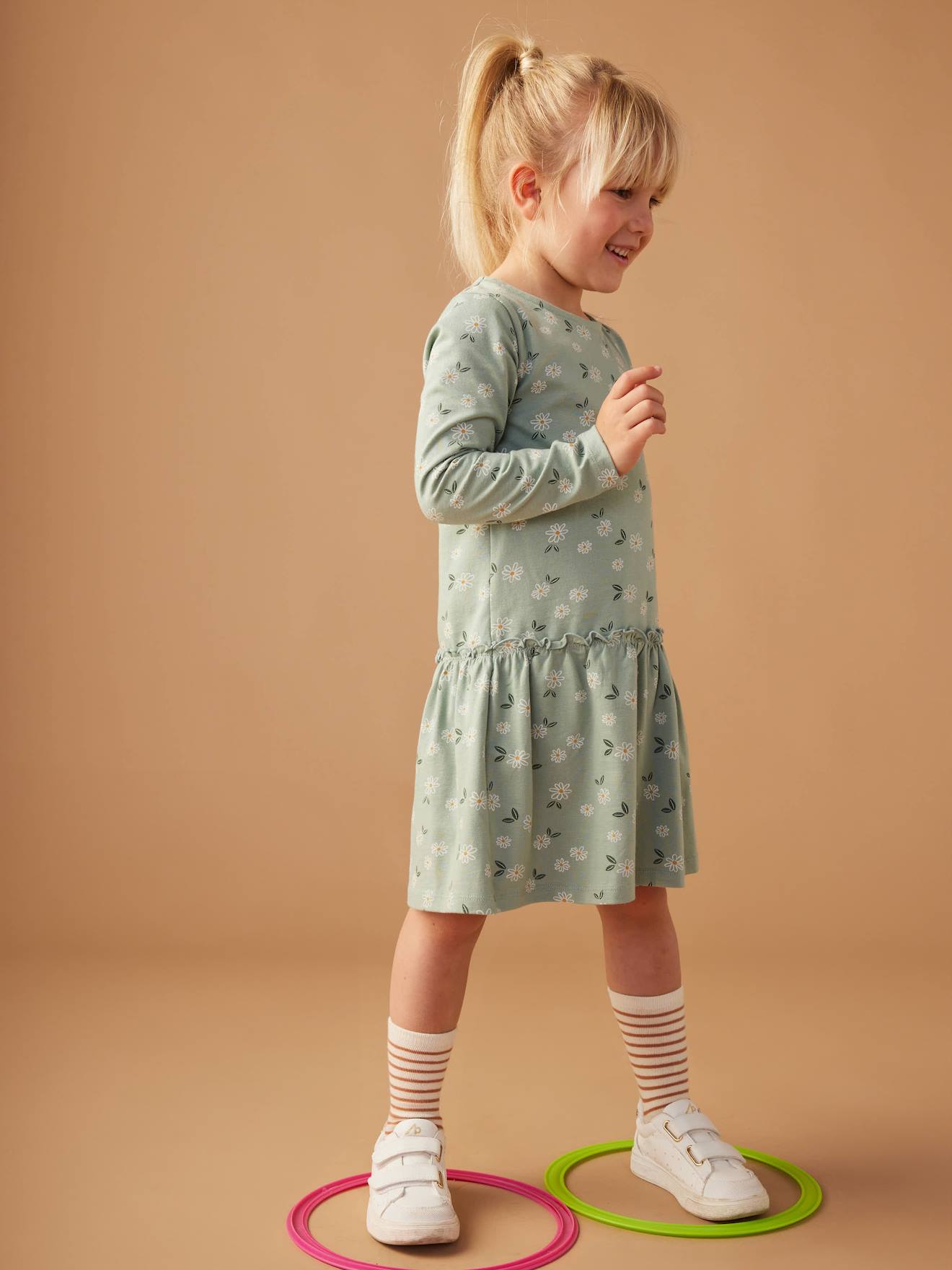 Robe imprimée fille manches longues vert de gris