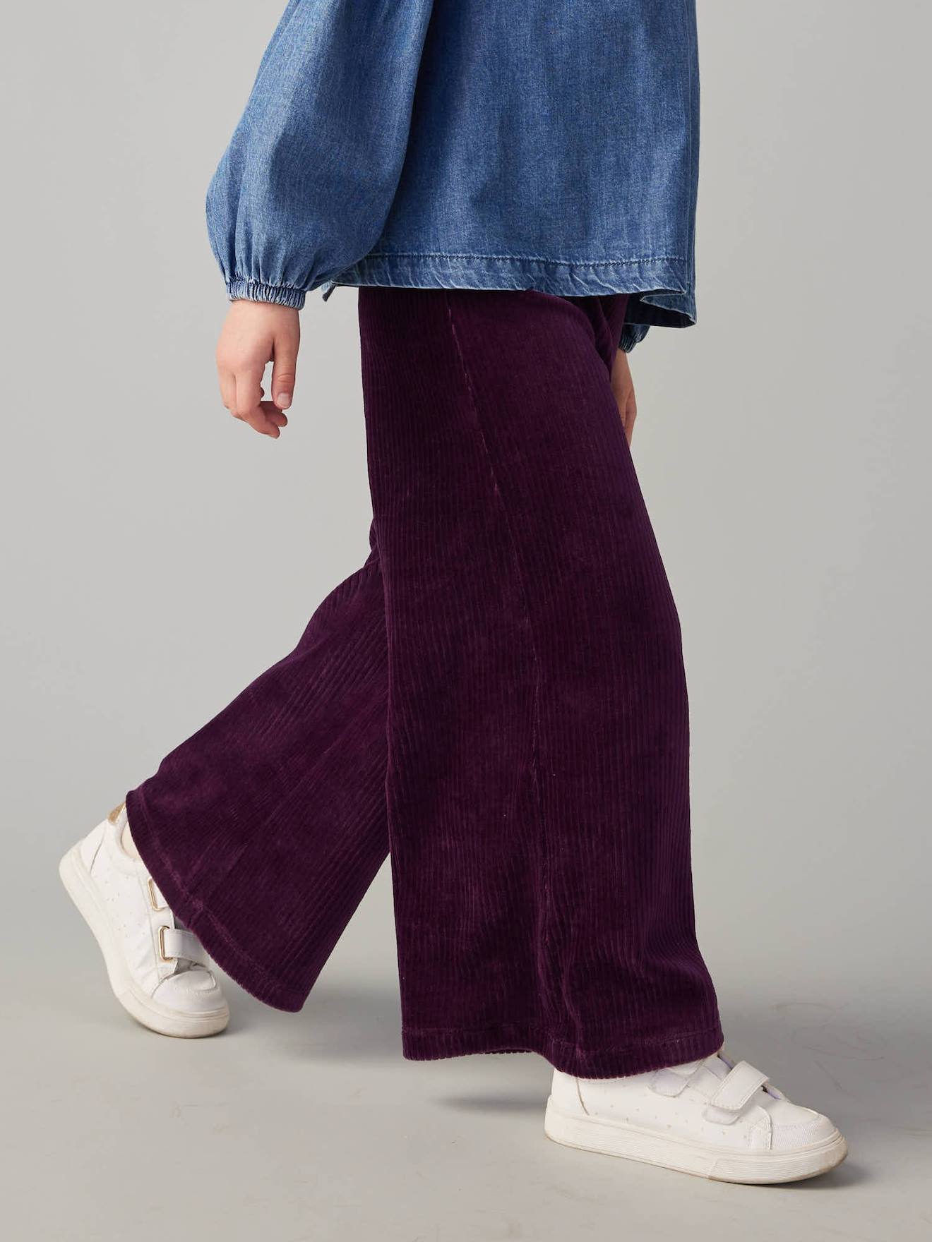 Pantalon fille large en velours prune