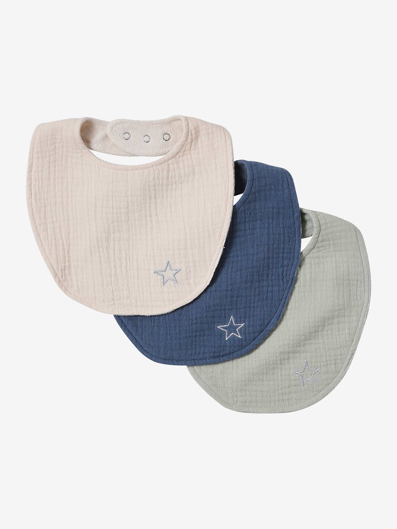 Lot de 3 bavoirs naissance en gaze de coton lot bleu