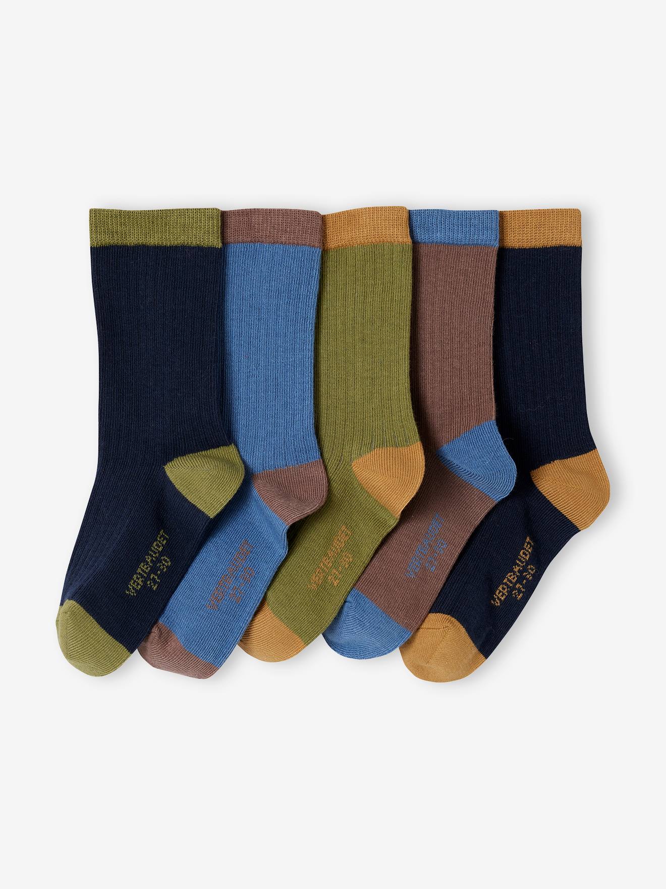 Lot de 5 paires de chaussettes en côtes bicolores garçon bleu nuit