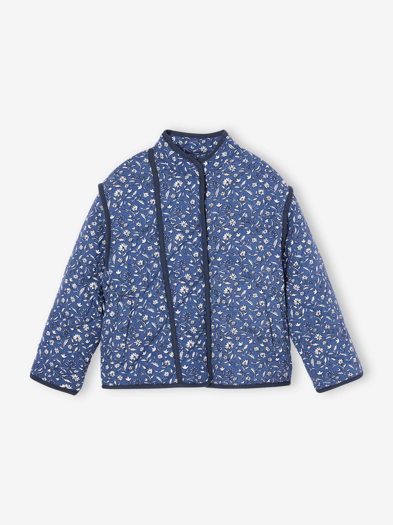 Veste à fleurs matelassée doublée sherpa fille bleu imprimé
