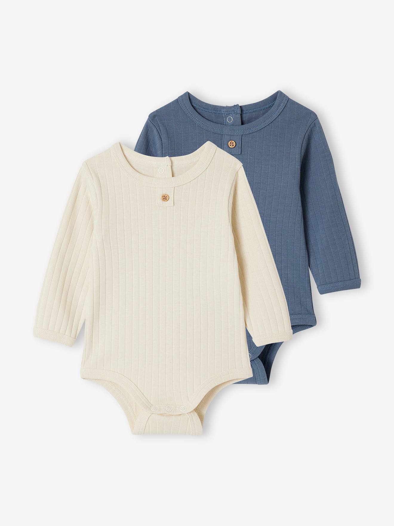 Lot 2 bodies bébé manches longues en coton bio bleu