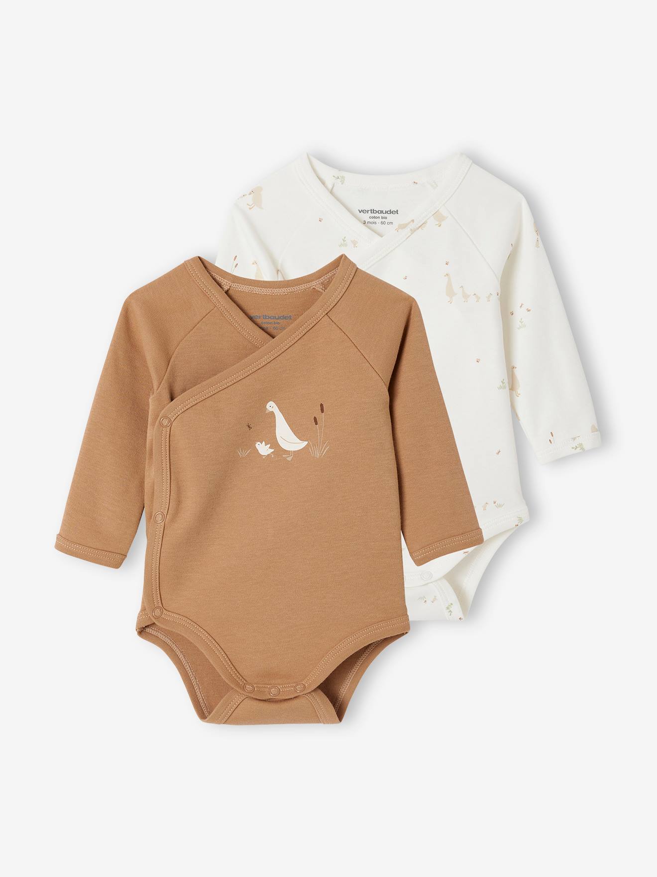 Lot 2 bodies manches longues bébé ouverture naissance en coton bio cappuccino