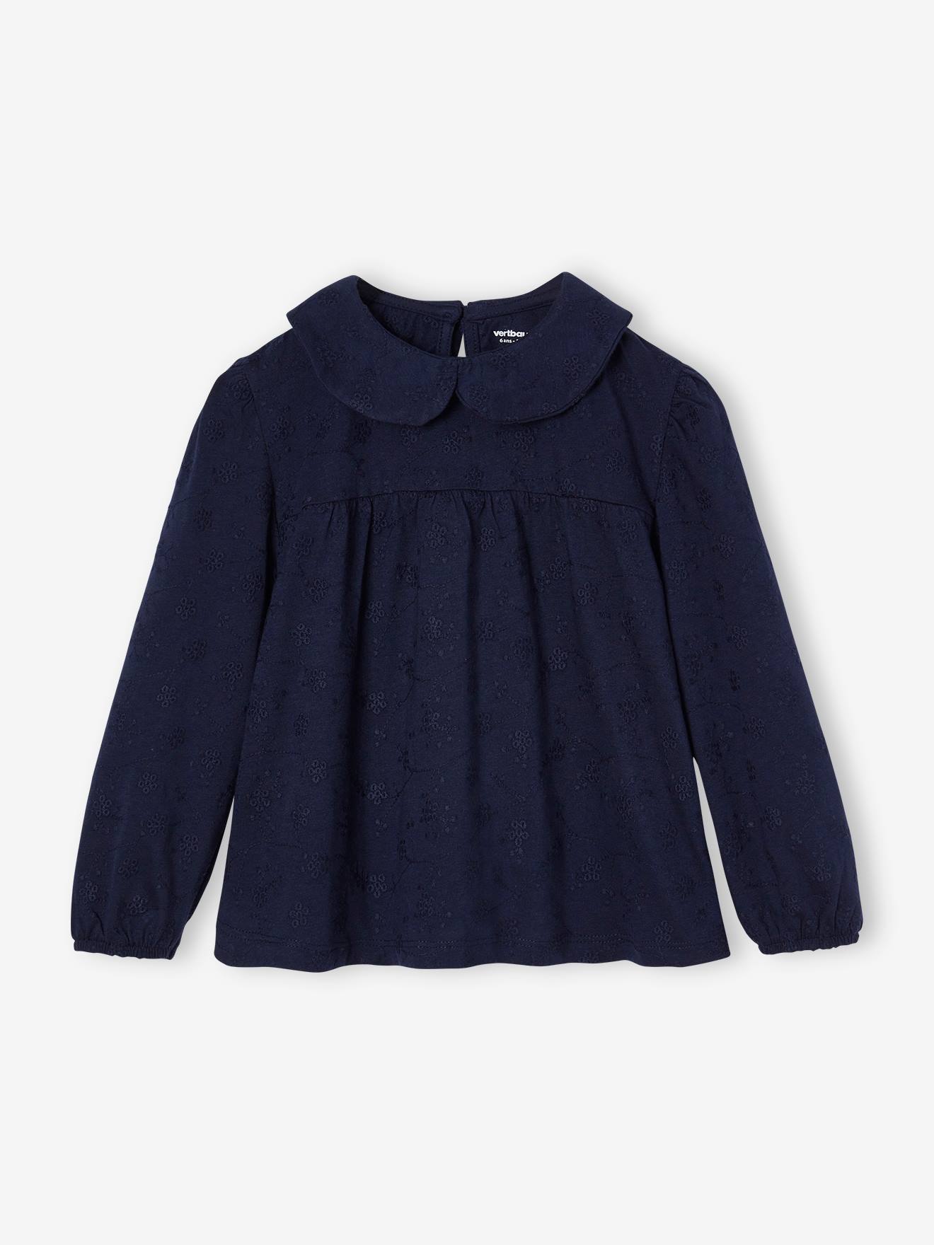 T-shirt blouse en broderie anglaise fille manches longues marine
