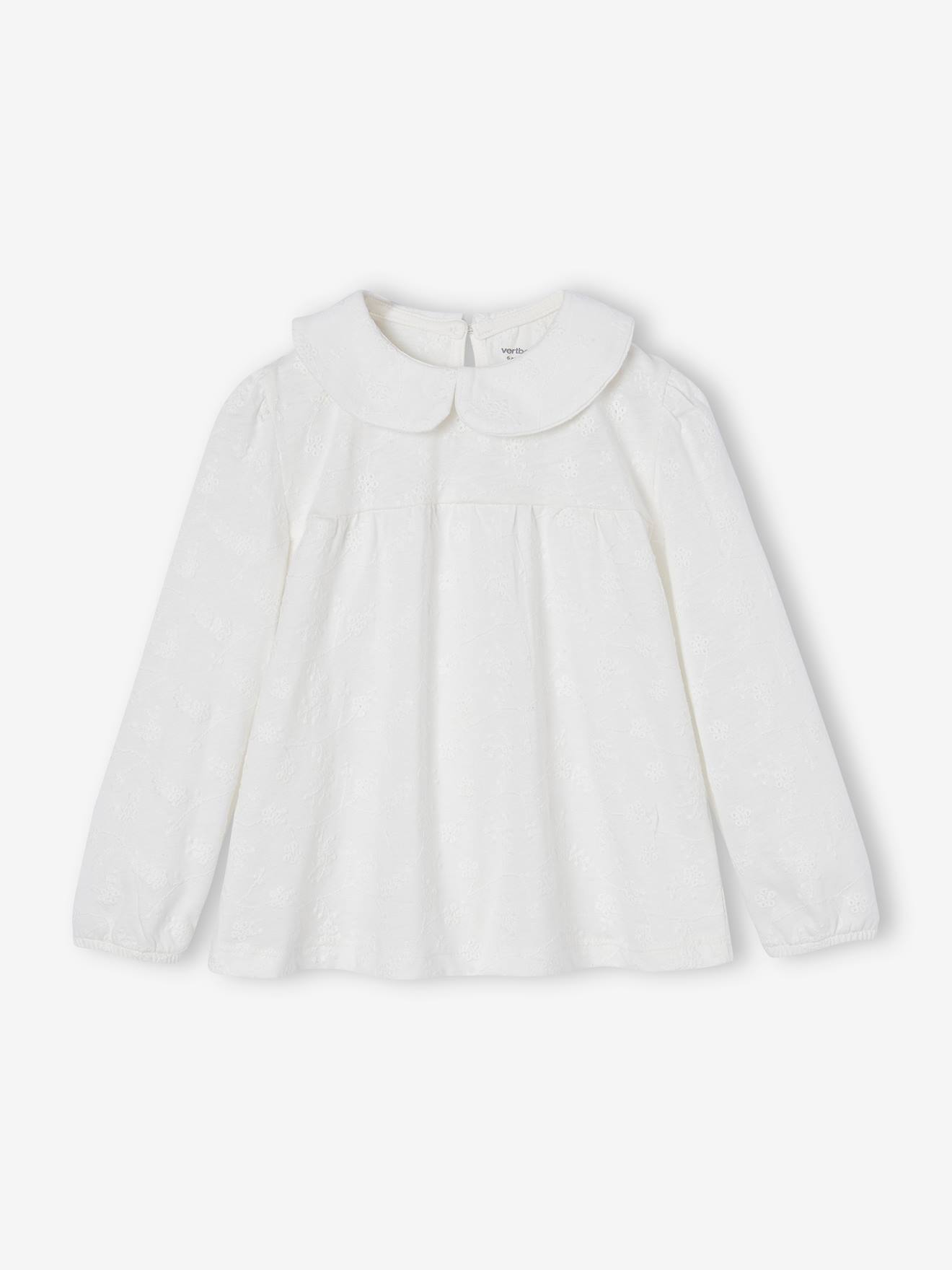 T-shirt blouse en broderie anglaise fille manches longues écru