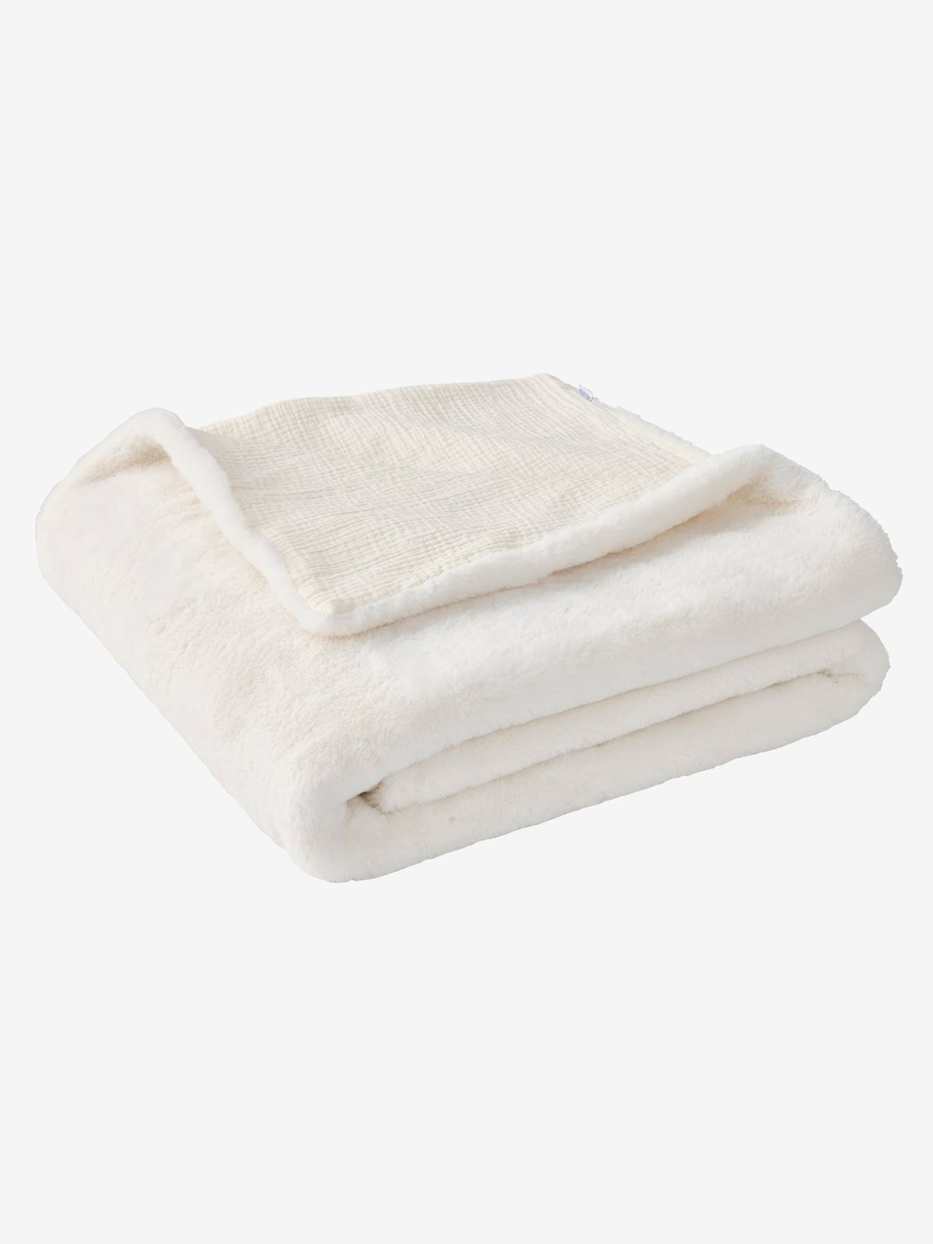 Couverture fausse fourrure et gaze de coton beige