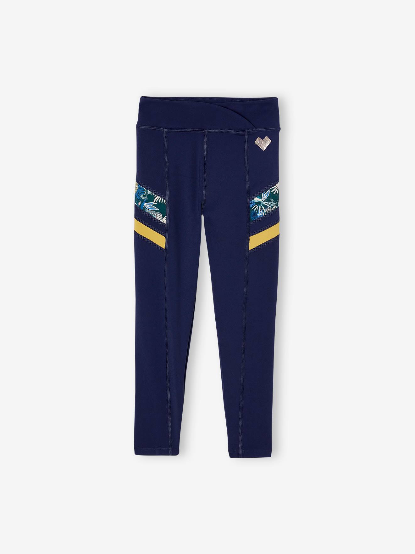 Legging sport matière technique fille bandes côtés fantaisie bleu nuit
