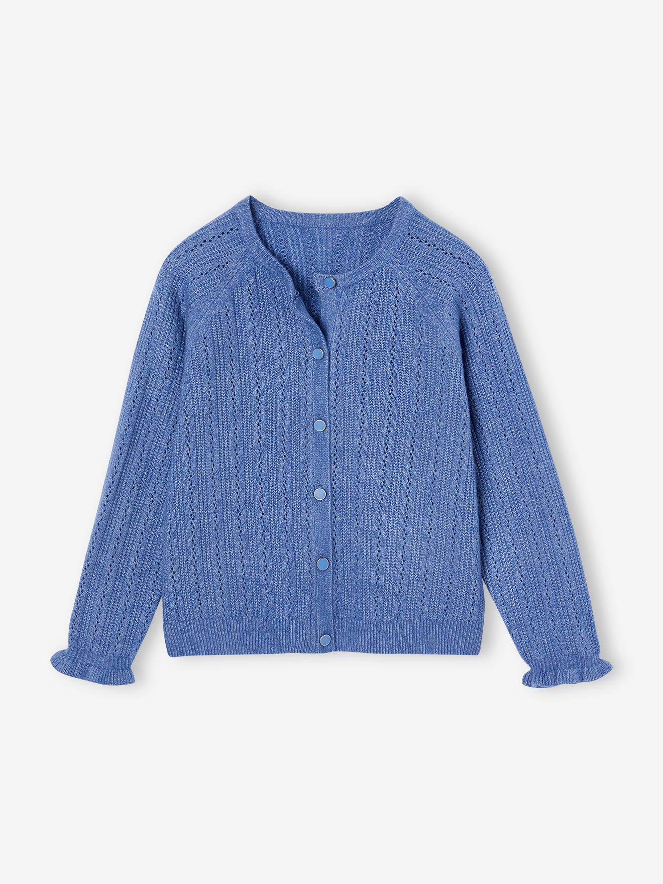 Gilet fille en maille mousseuse ajourée bleu chambray