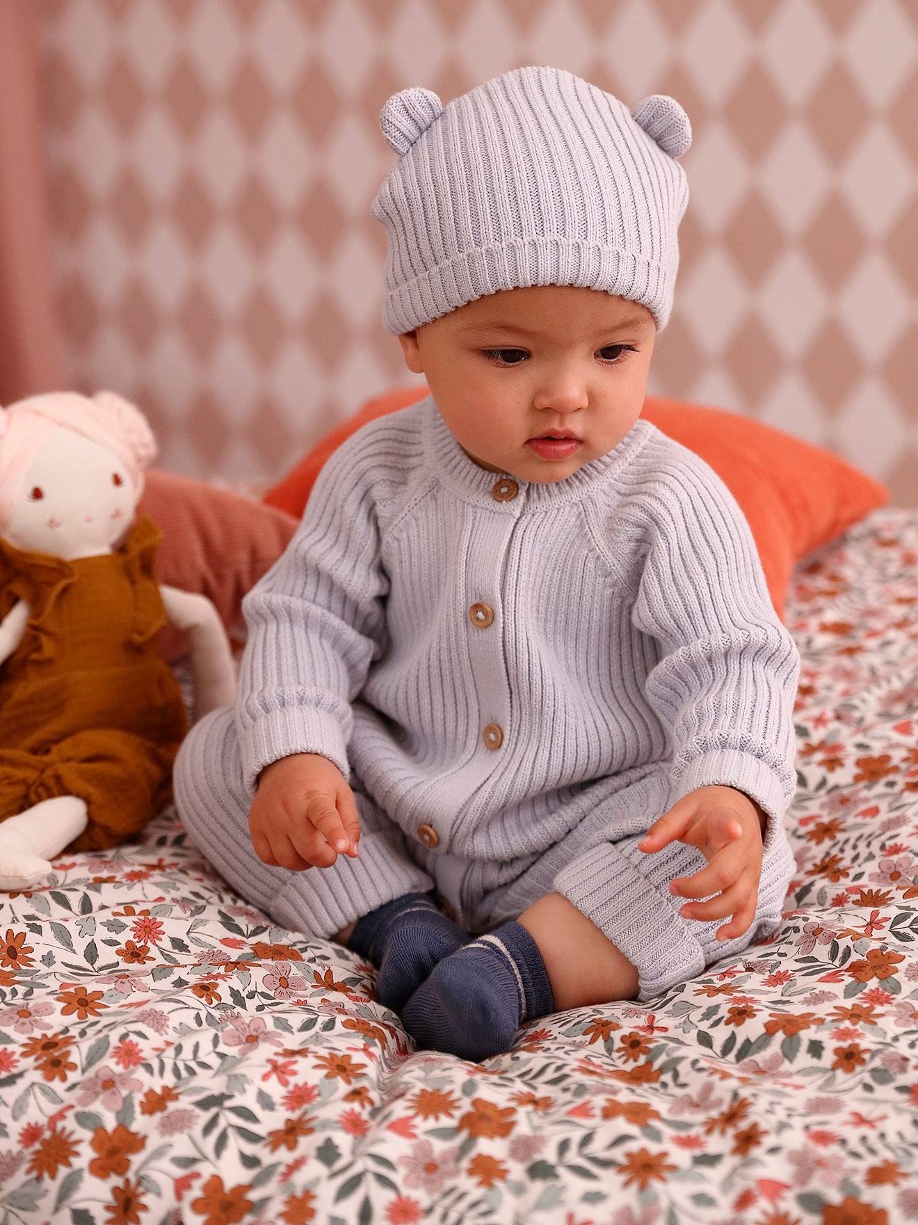 Ensemble bébé combinaison en tricot et bonnet à oreilles assorti bleu pâle