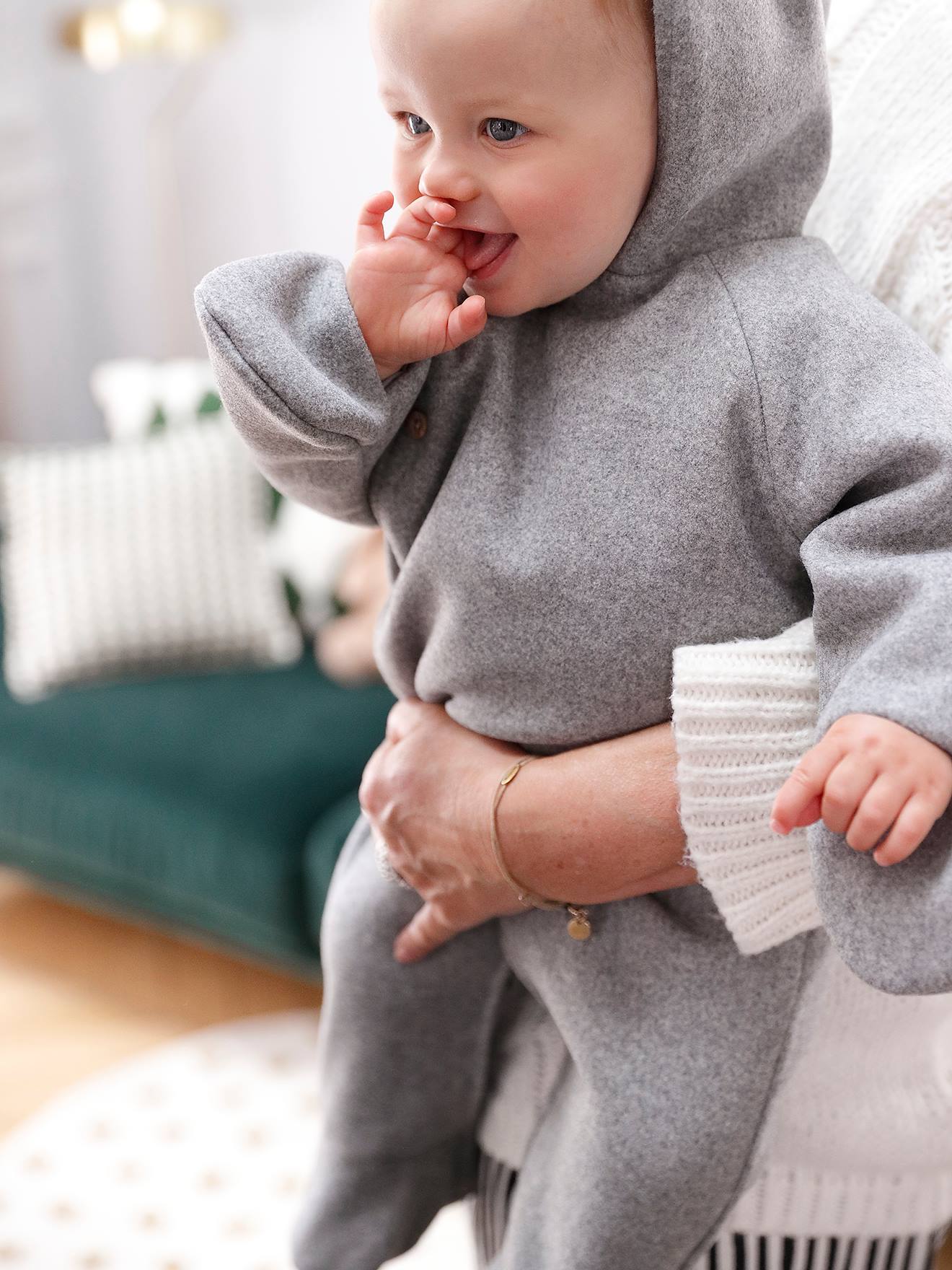 Combi-pilote à capuche en drap de laine bébé ouverture décalée gris chiné
