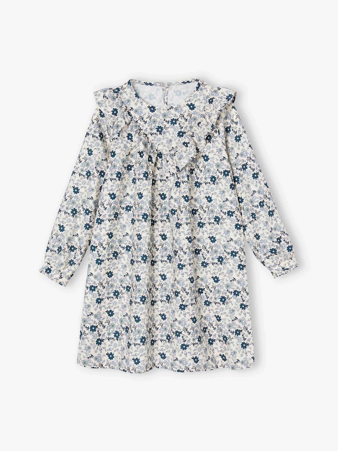 Robe à volant imprimée. fleurs fille écru