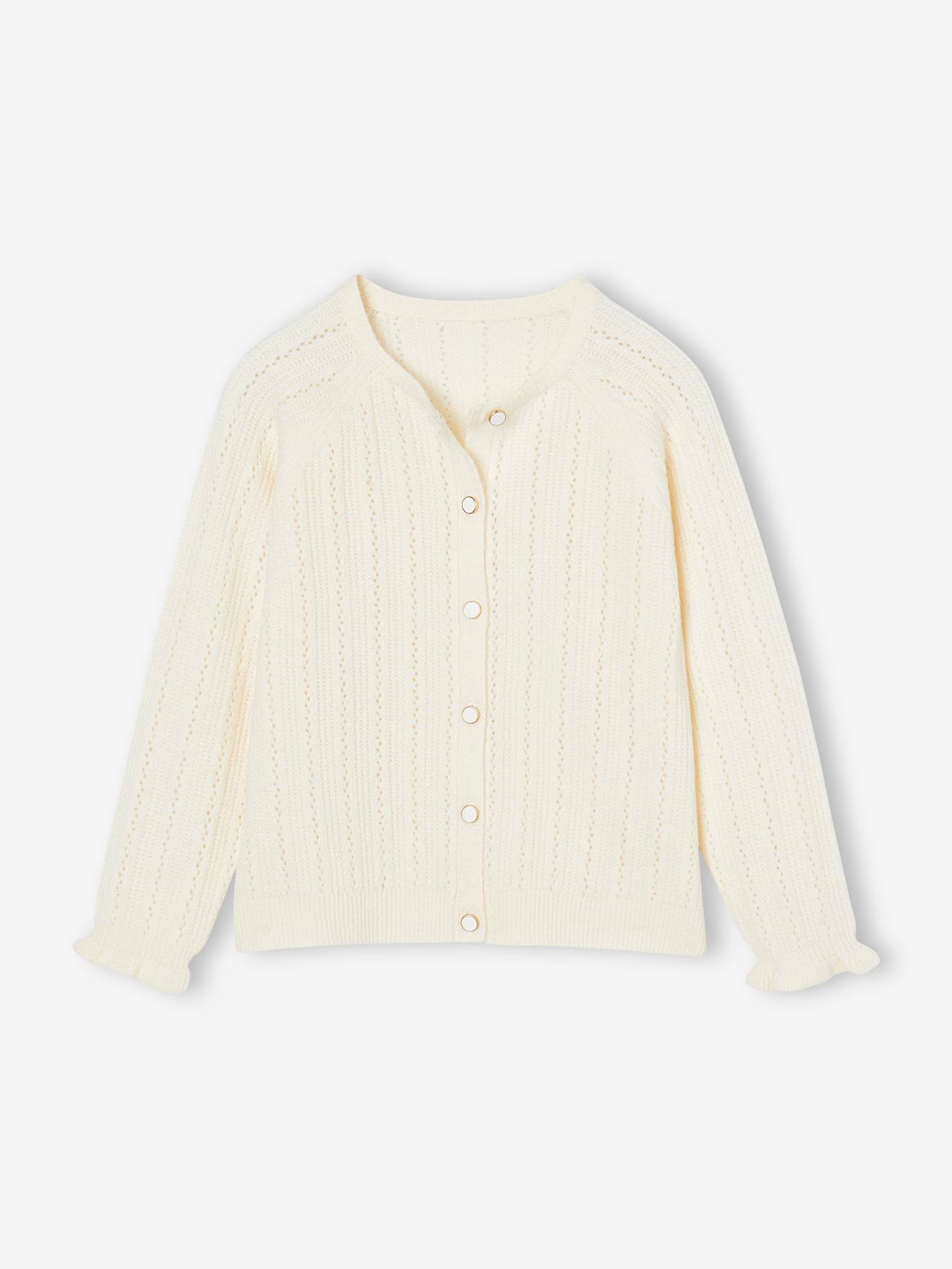 Gilet fille en maille mousseuse ajourée écru