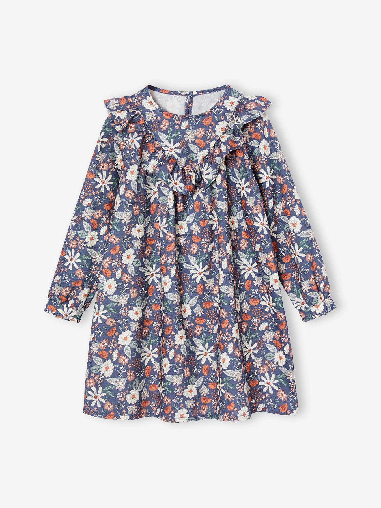 Robe à volant imprimée. fleurs fille indigo