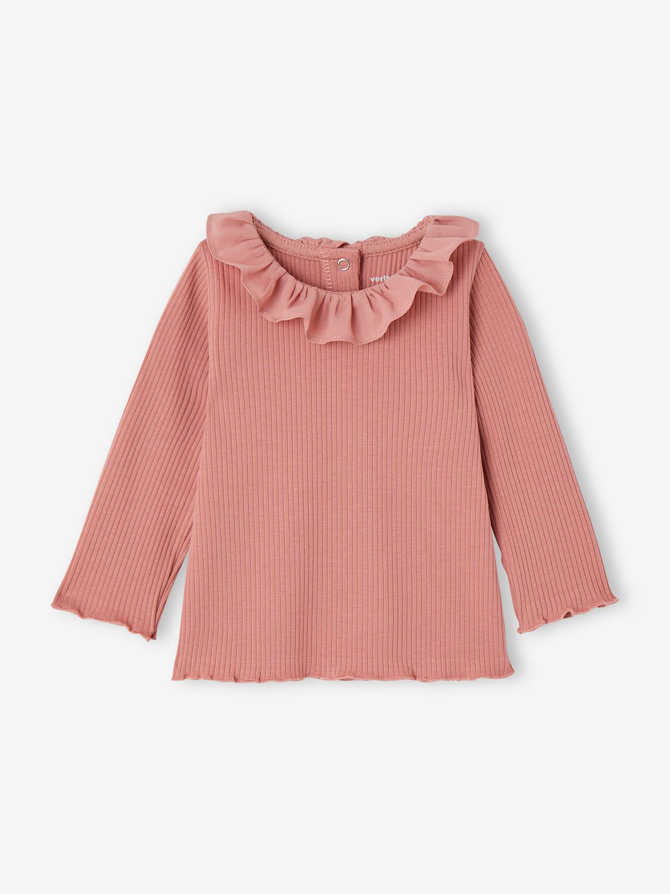 T-shirt en côtes bébé à collerette vieux rose