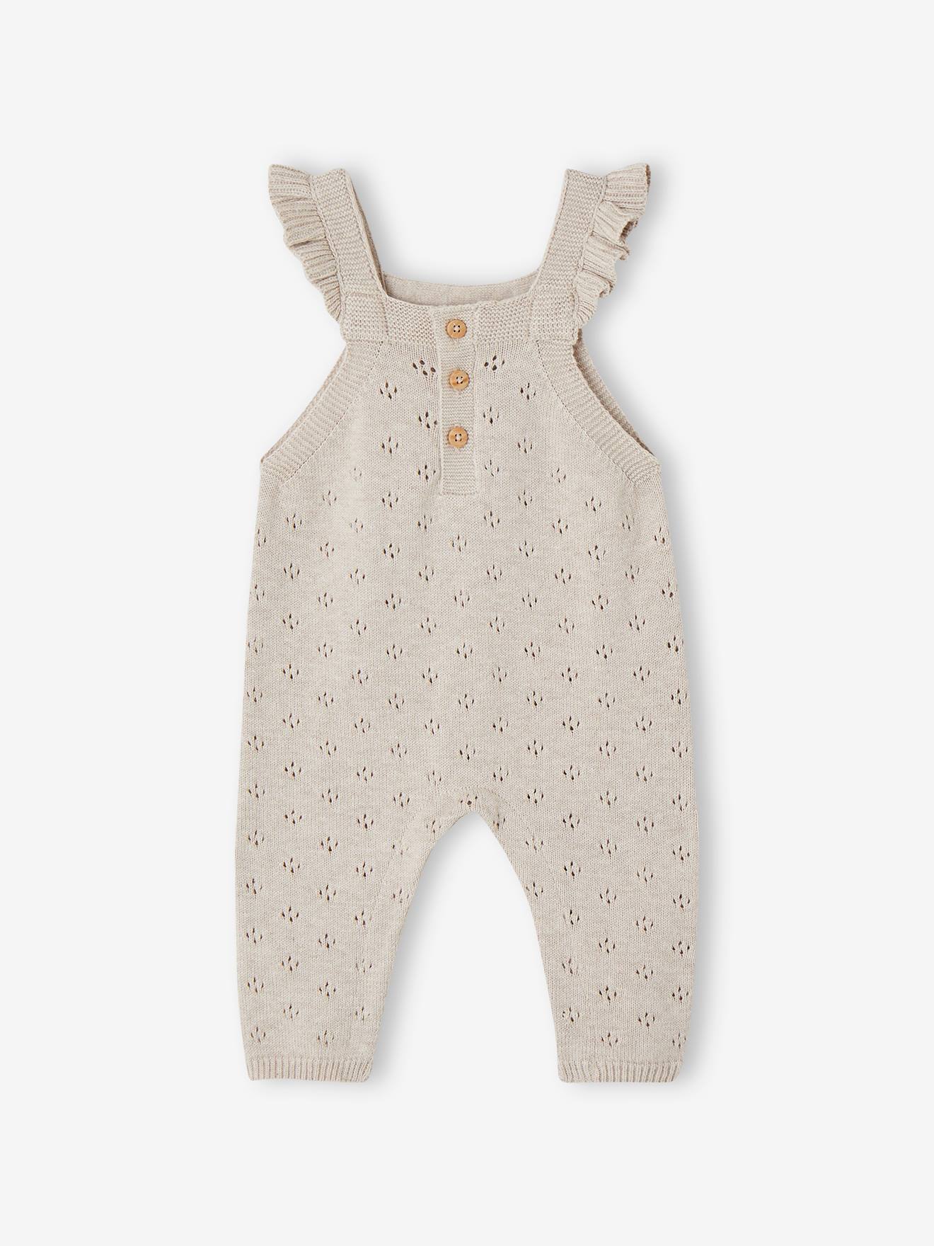 Salopette en tricot bébé bretelles à volants beige chiné