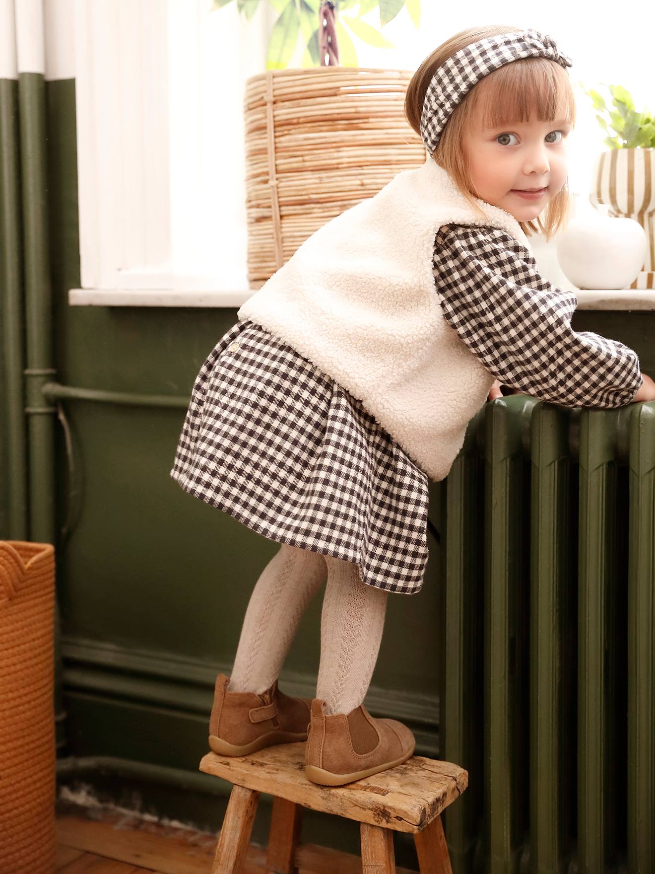 Ensemble 3 pièces bébé robe vichy + gilet + bandeau carreaux noir