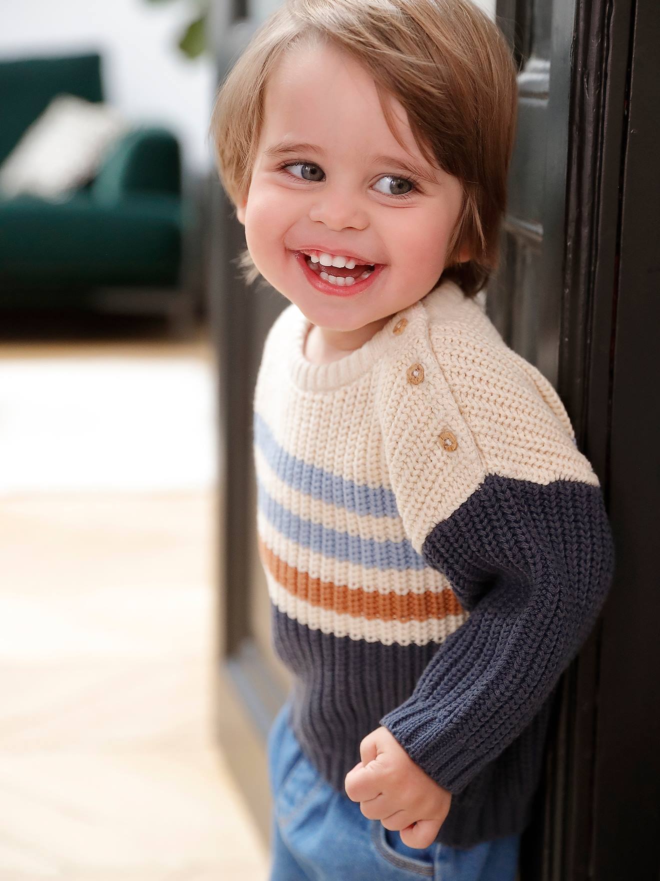 Pull à rayures colorées boutonné épaule bébé garçon bleu ardoise