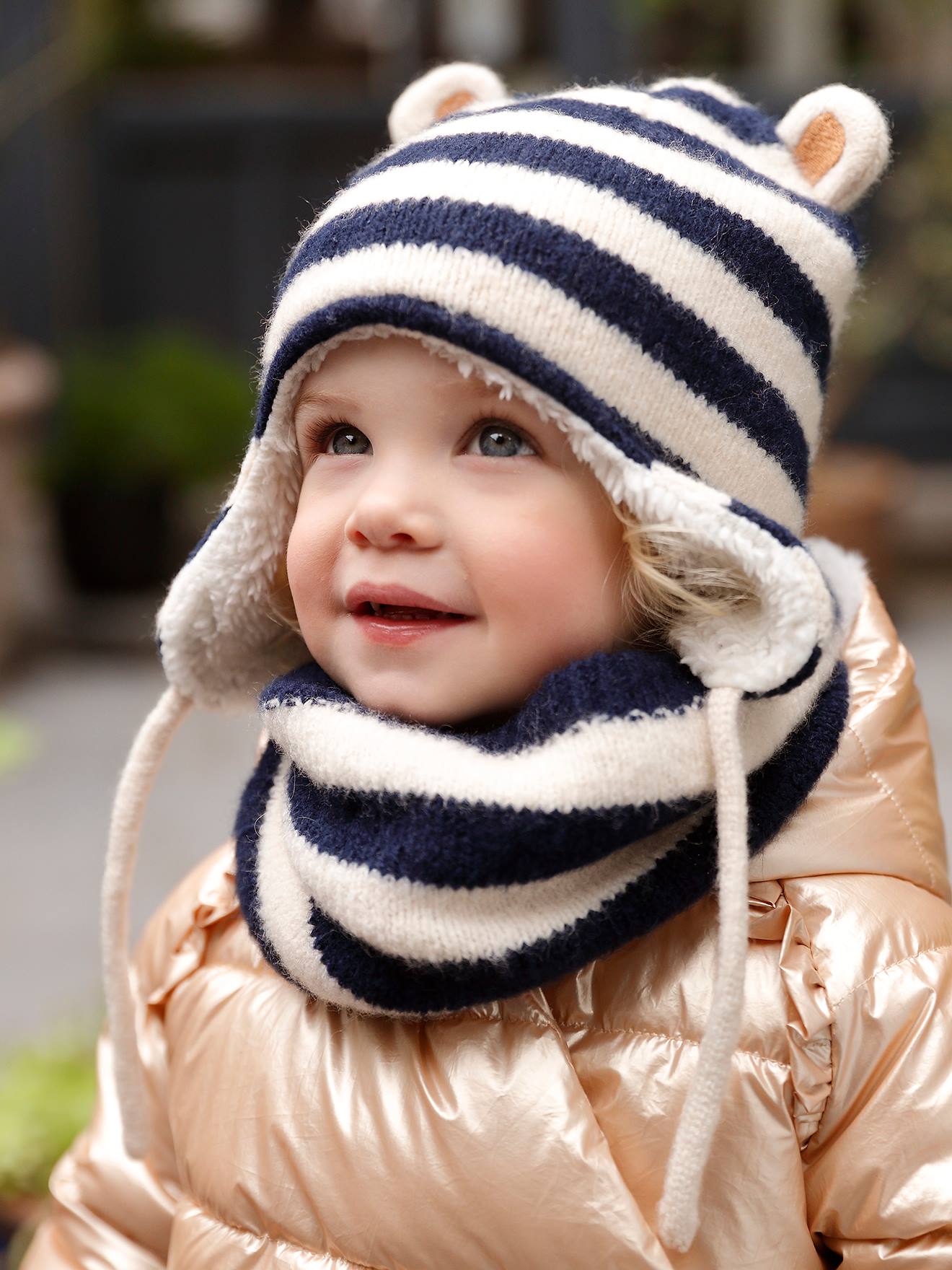 Ensemble Festonné Bonnet, Snood Et Moufles Bébé Beige Chiné