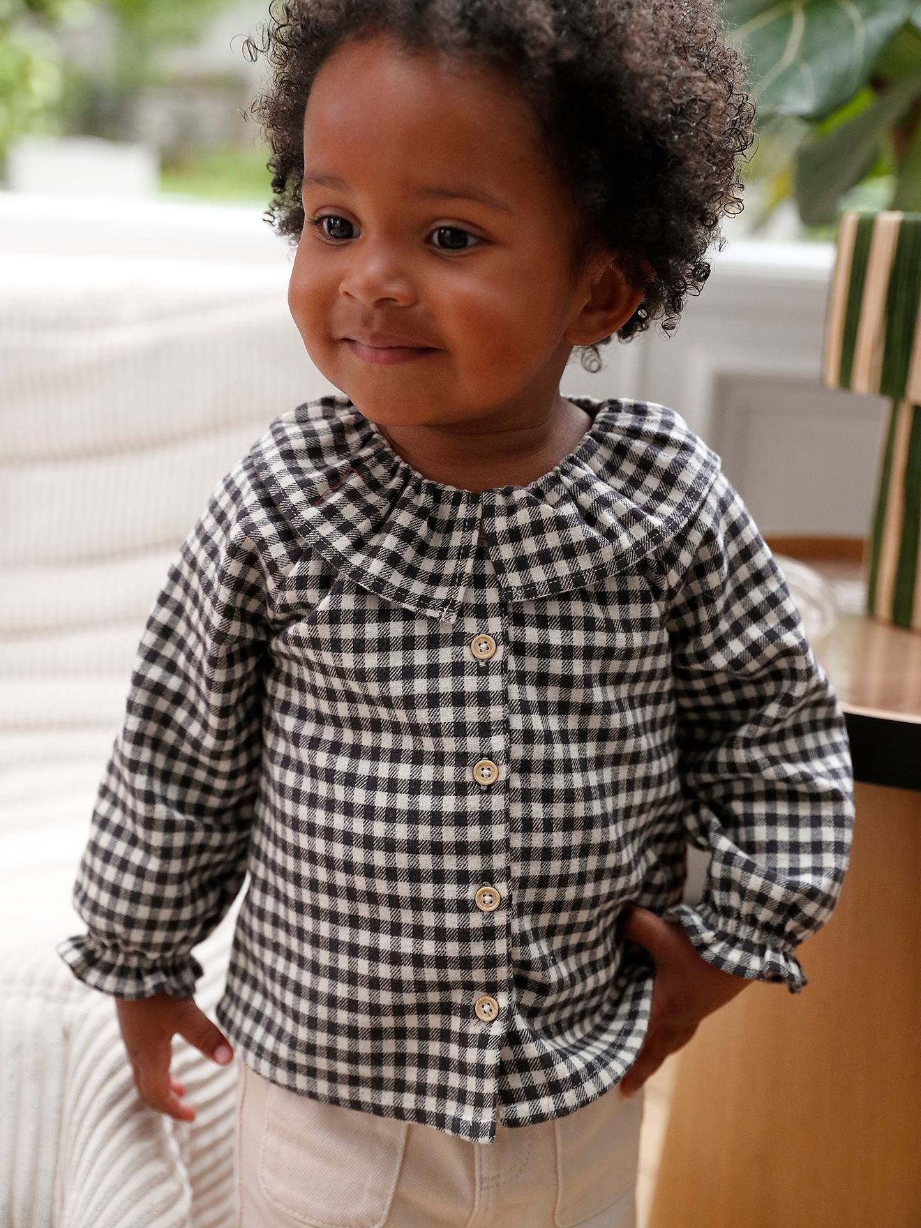 Blouse vichy à collerette bébé fille carreaux noir