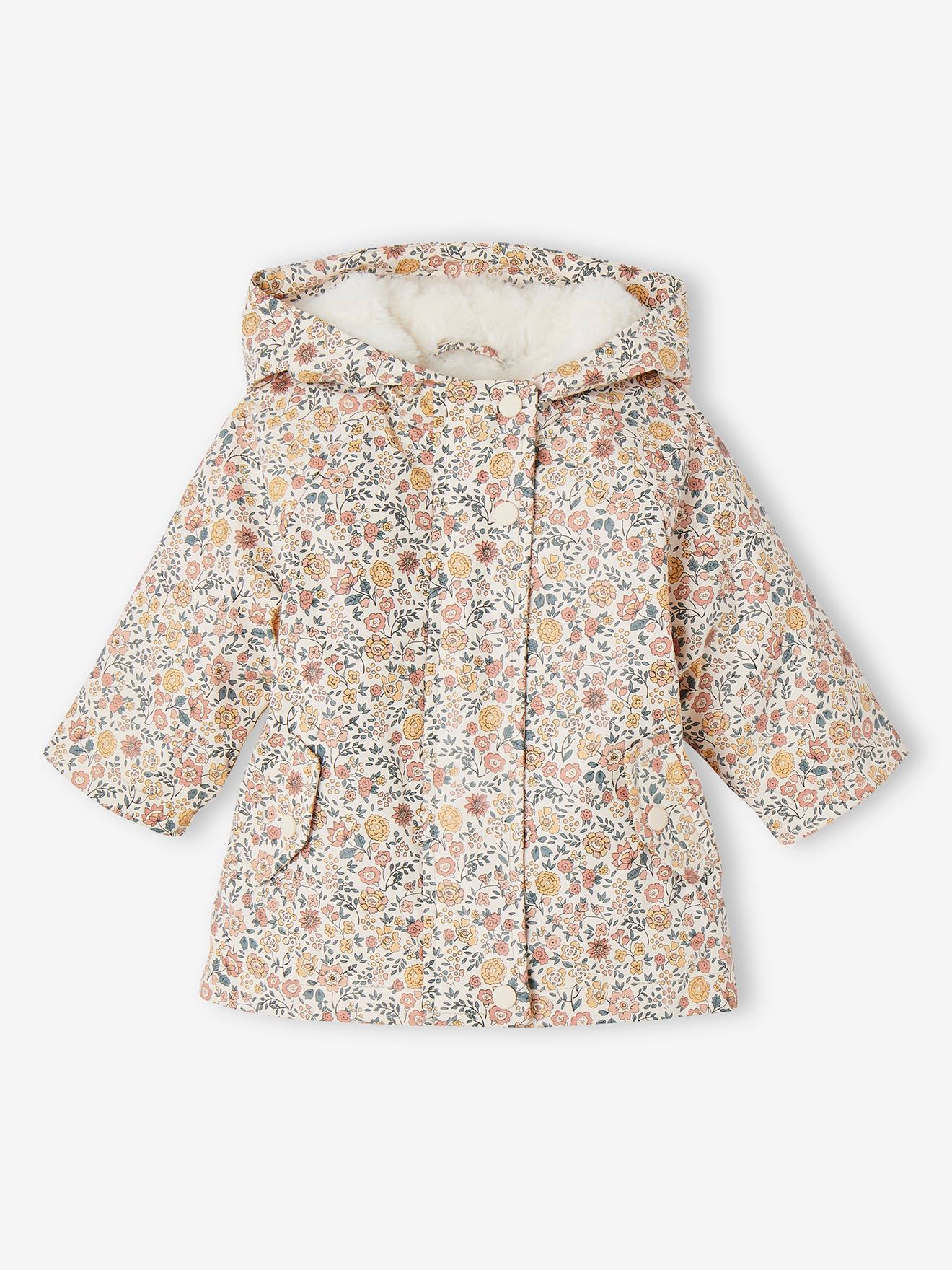 Ciré à capuche bébé fille imprimé fleurs et doublé rose imprimé