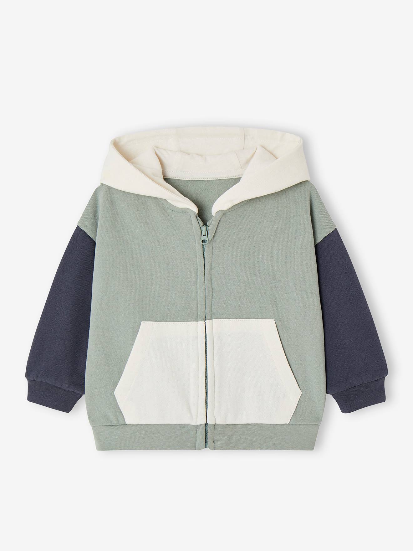 Sweat à capuche zippé colorblock en molleton bébé vert sauge