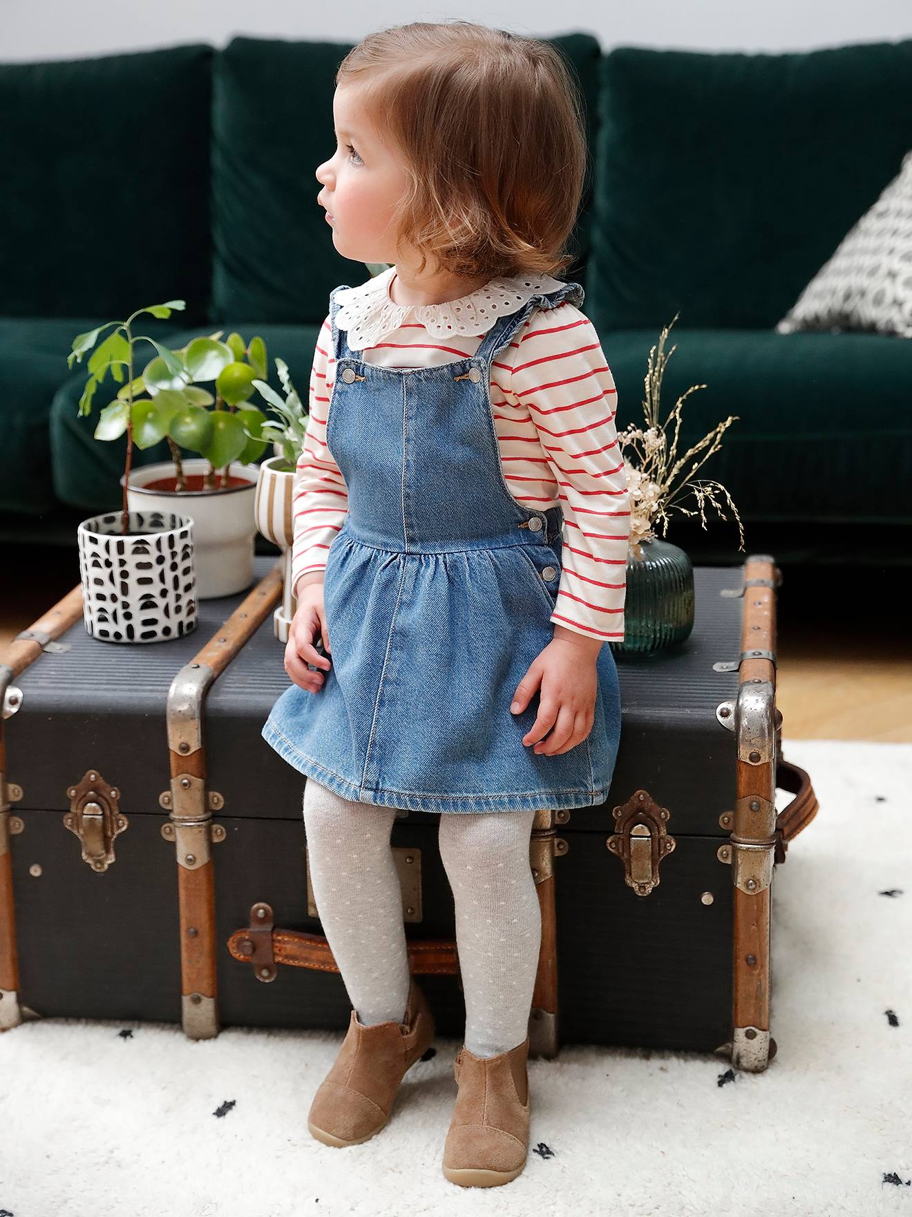 Robe salopette bébé en denim bretelles volantées stone