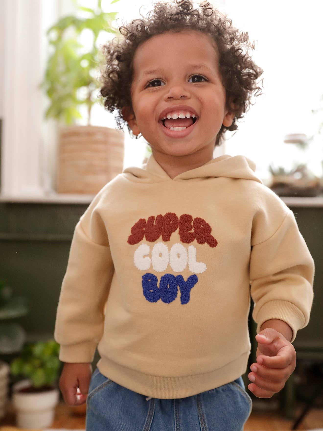Sweat-shirt à capuche message en bouclettes bébé garçon ocre