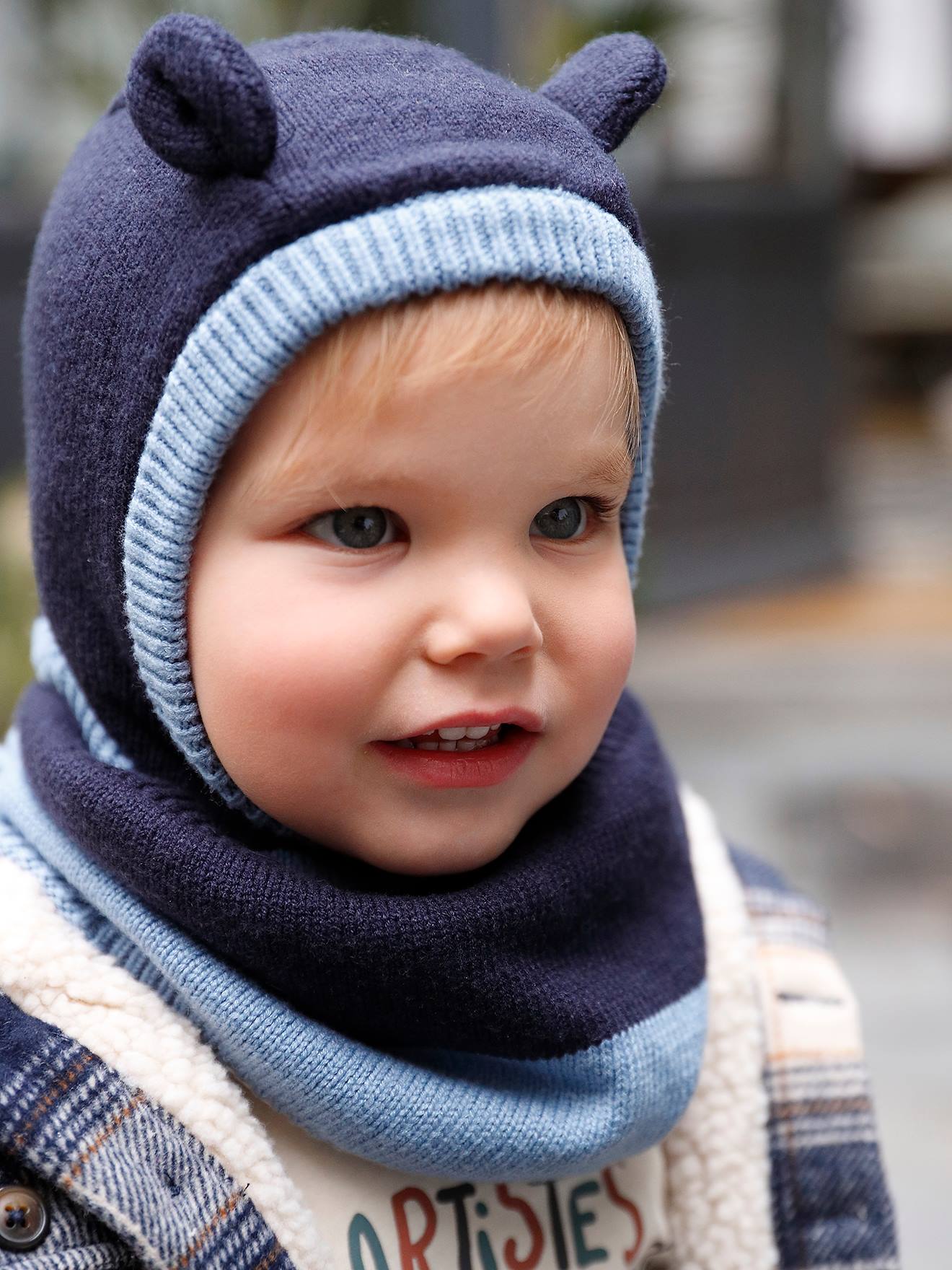 Ensemble bébé garçon cagoule snood moufles bicolores marine