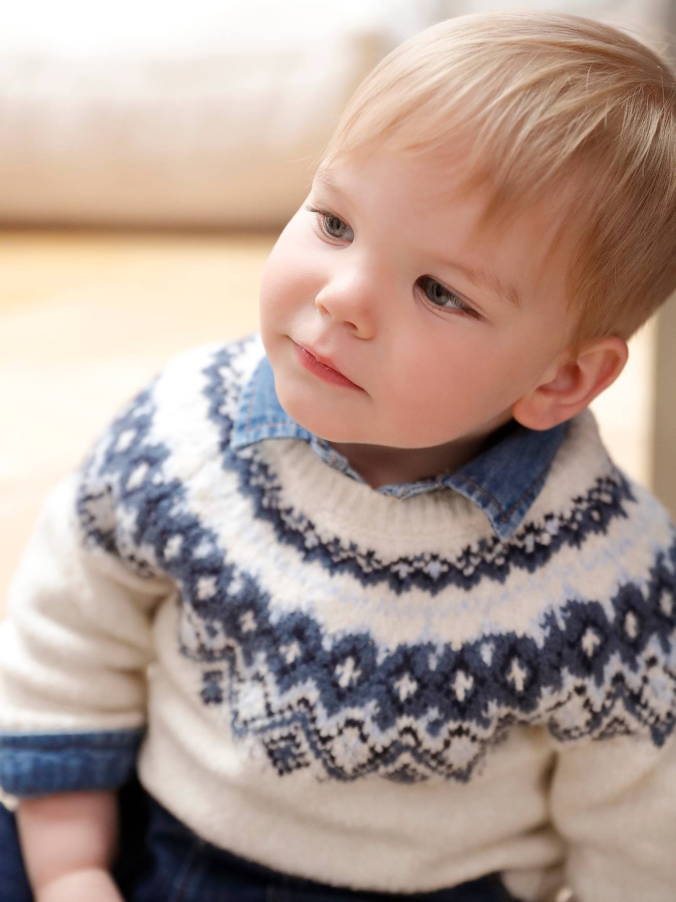 Pull jacquard bébé garçon en maille mousseuse ultra douce écru
